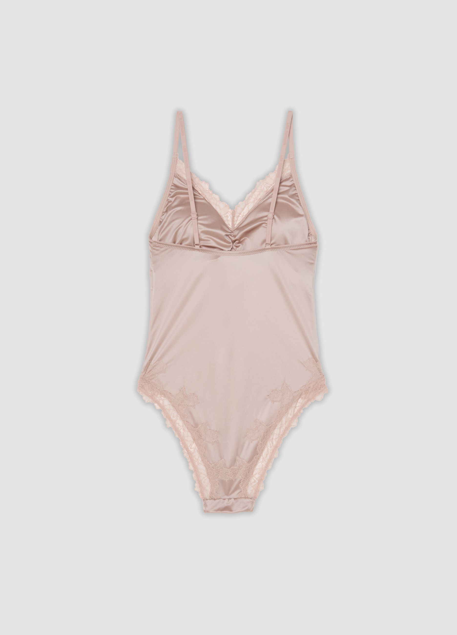 Pink stretch microfibre bodysuit with lace trim