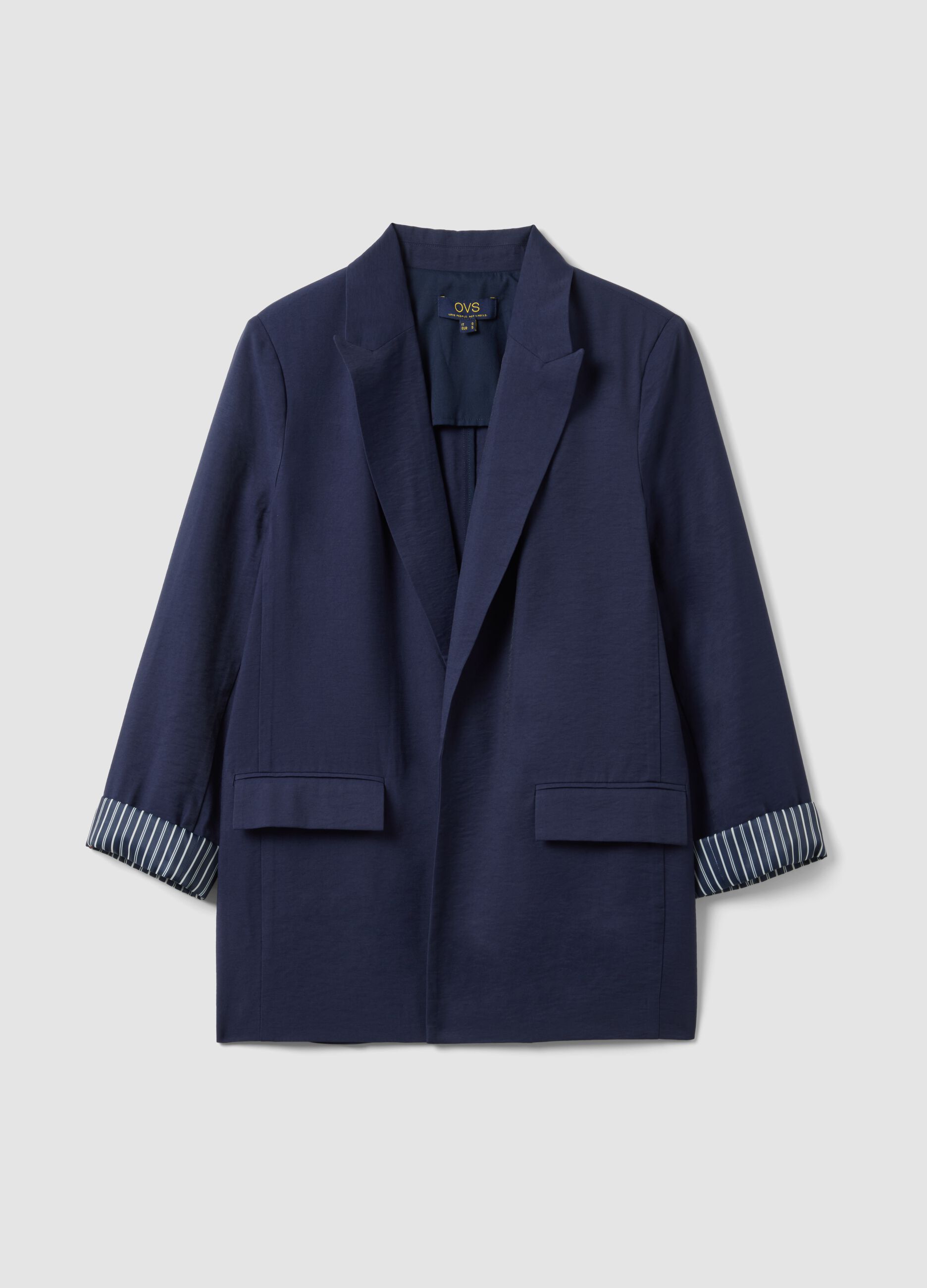 Blazer in misto viscosa blu regular fit con polsini a righe