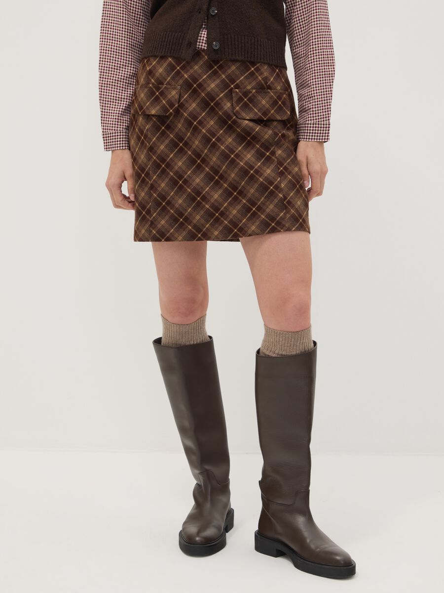 Brown stretch viscose checked skirt_2
