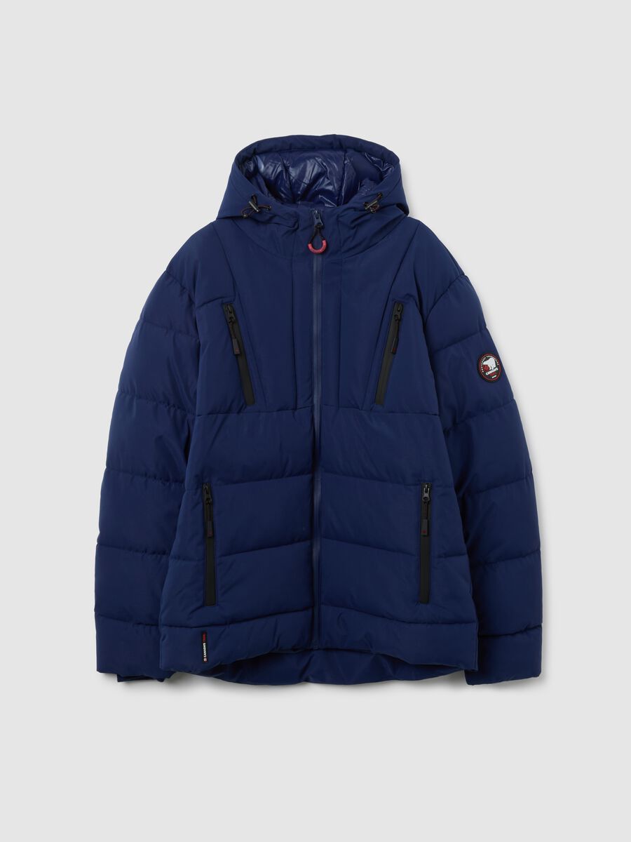 Blue padded jacket with hood and zip_4