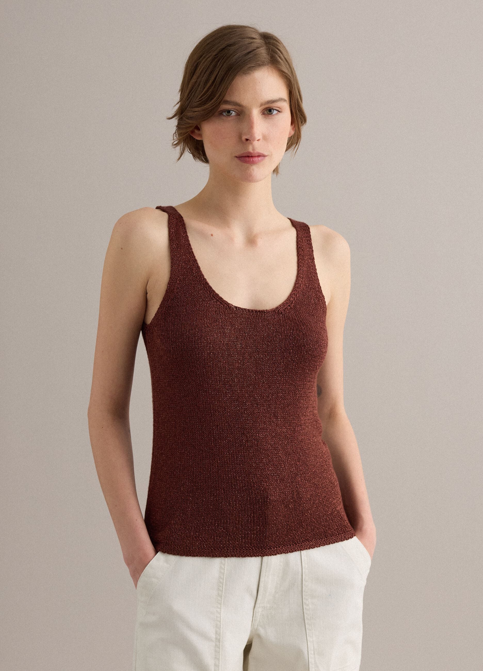 Brown viscose-blend regular-fit glitter tank top