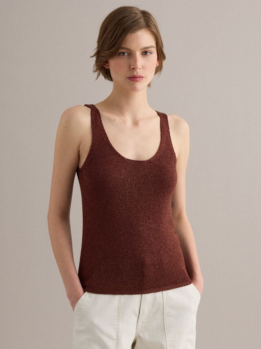 Brown viscose-blend regular-fit glitter tank top_2