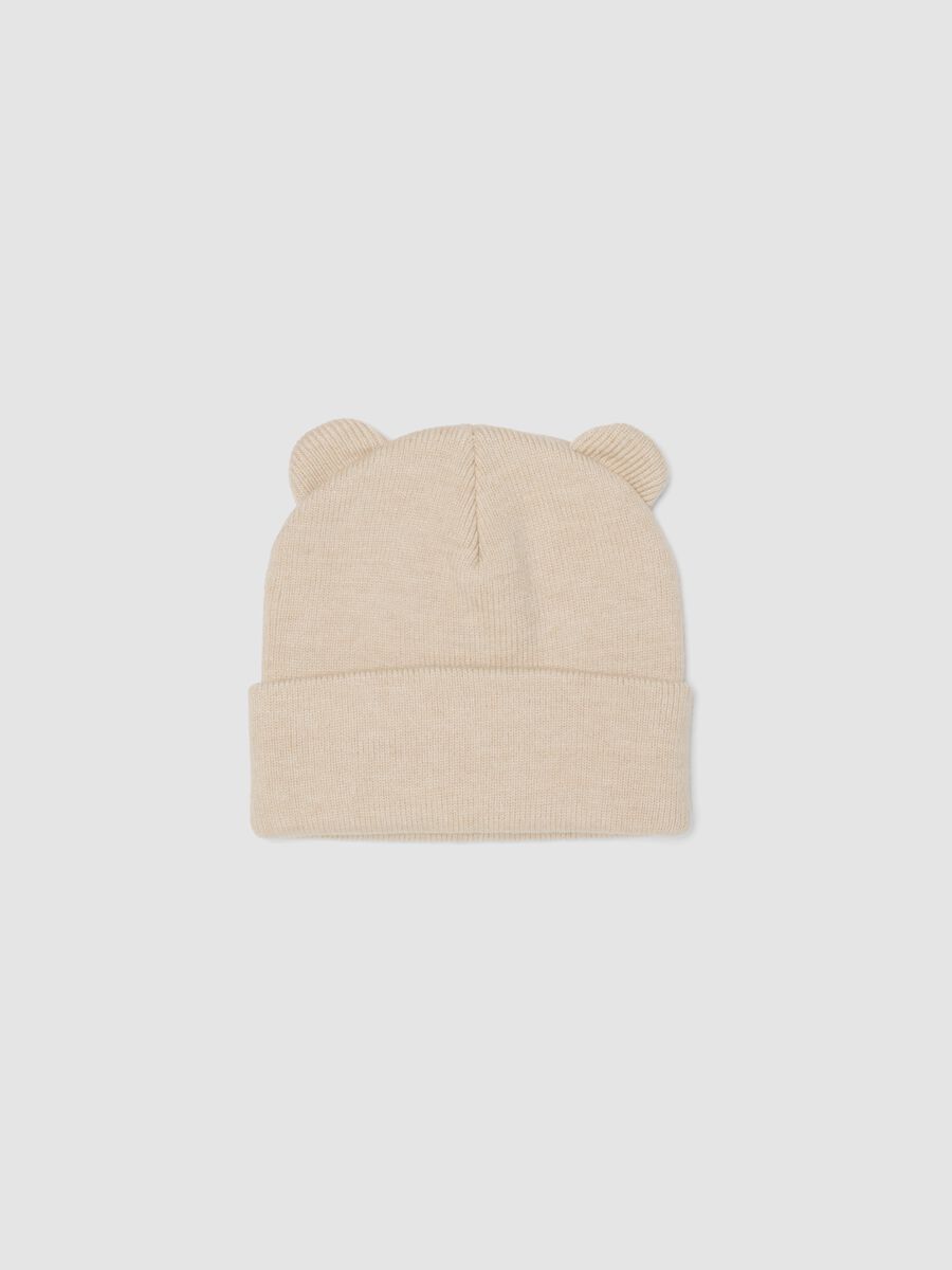 Beige knitted viscose-blend hat with ears_0