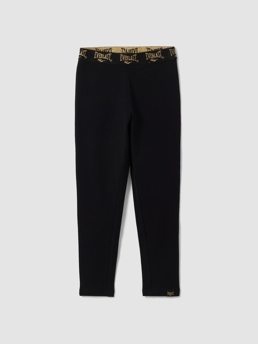 Black stretch cotton leggings with logo waistband for girls_0