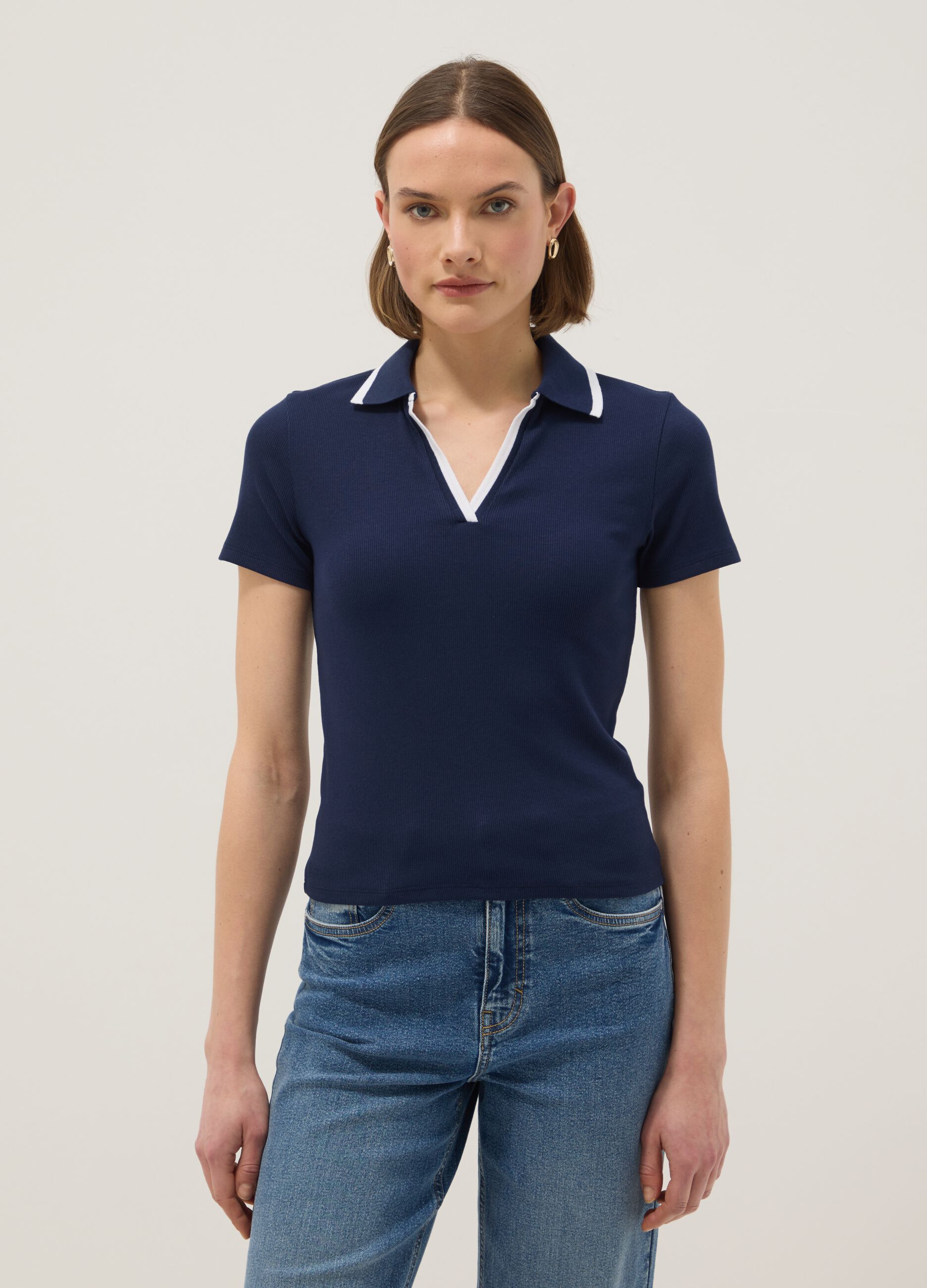 Blue stretch cotton polo with contrast collar, regular fit