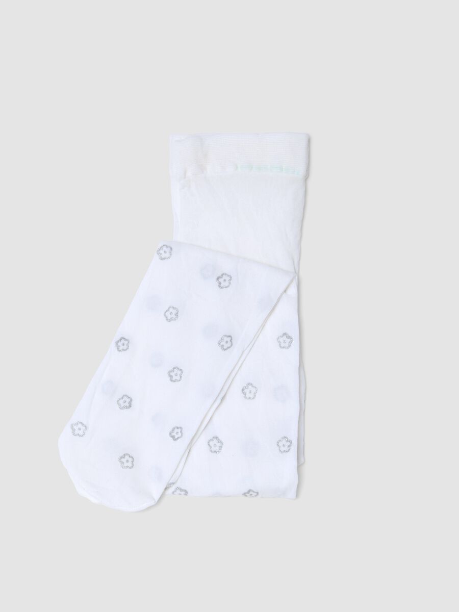 Comfortable white stretchy tights for girls with flowers_0