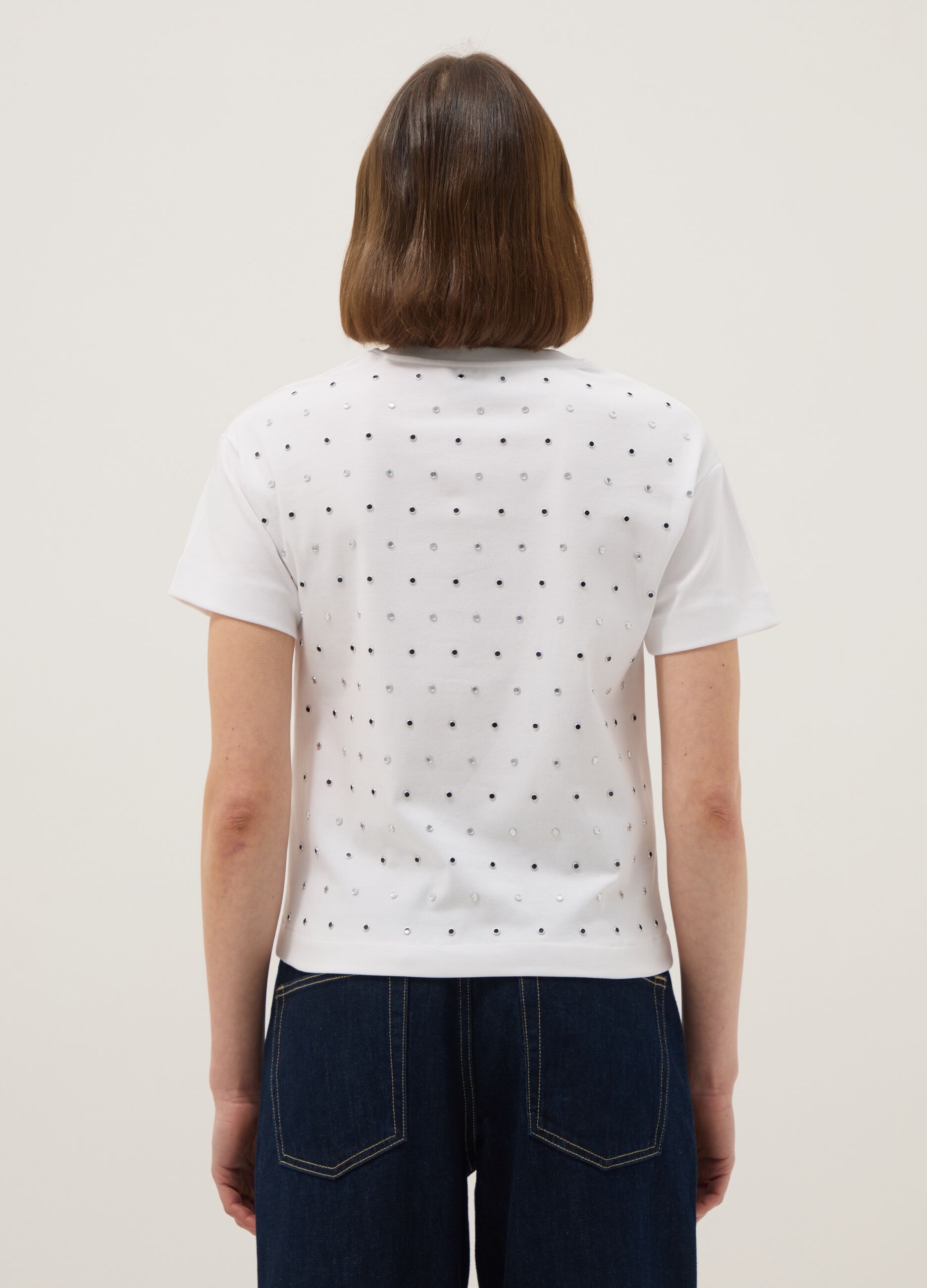 White stretch-cotton T-shirt with studs, regular fit
