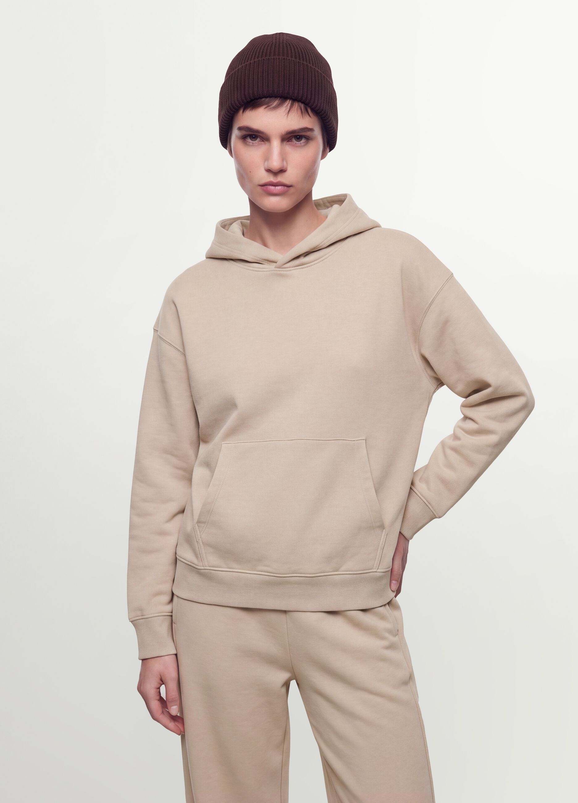 White cotton-blend hoodie sweatshirt, regular fit