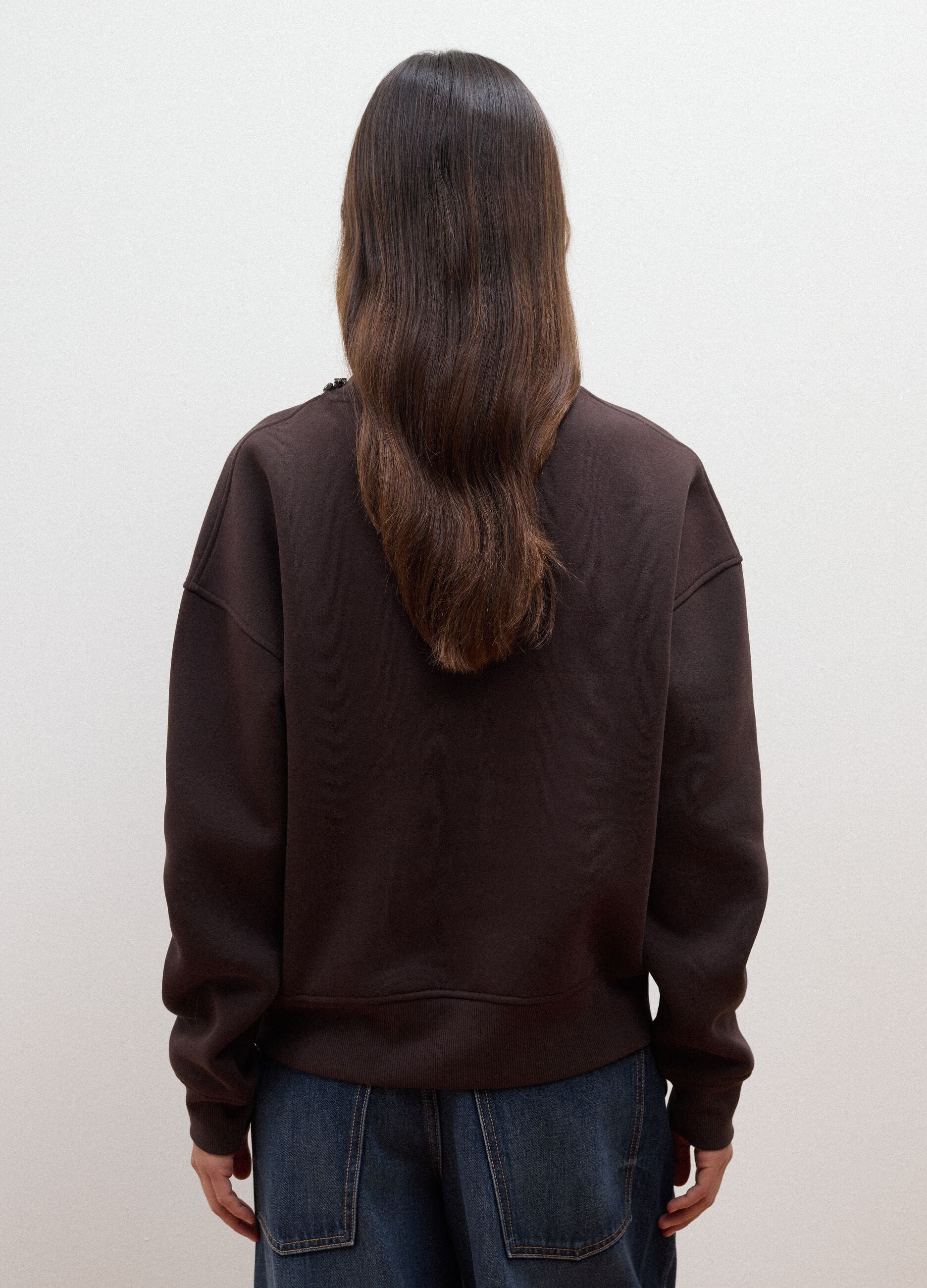 Brown cotton-blend sweatshirt with rhinestones