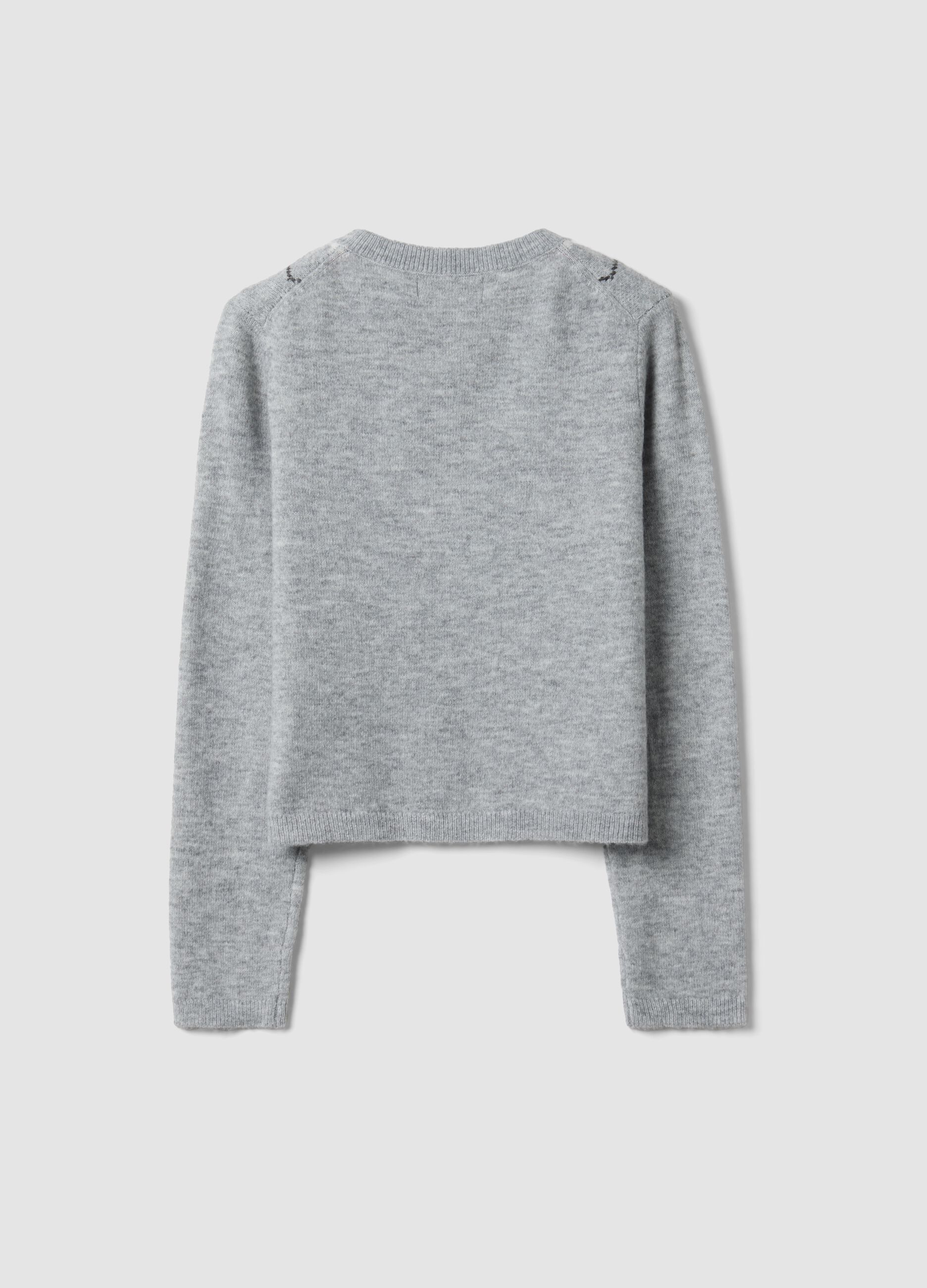 Grey jacquard stretch wool crew-neck cardigan, regular fit