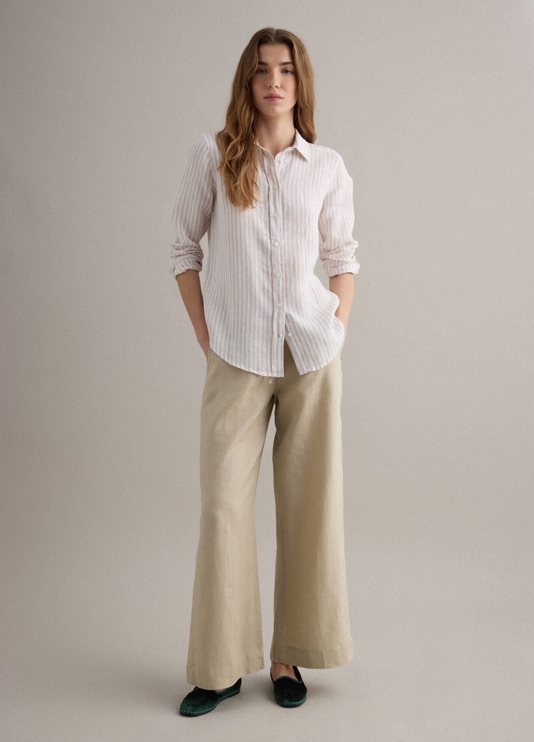 Beige pure linen straight-fit trousers with drawstring