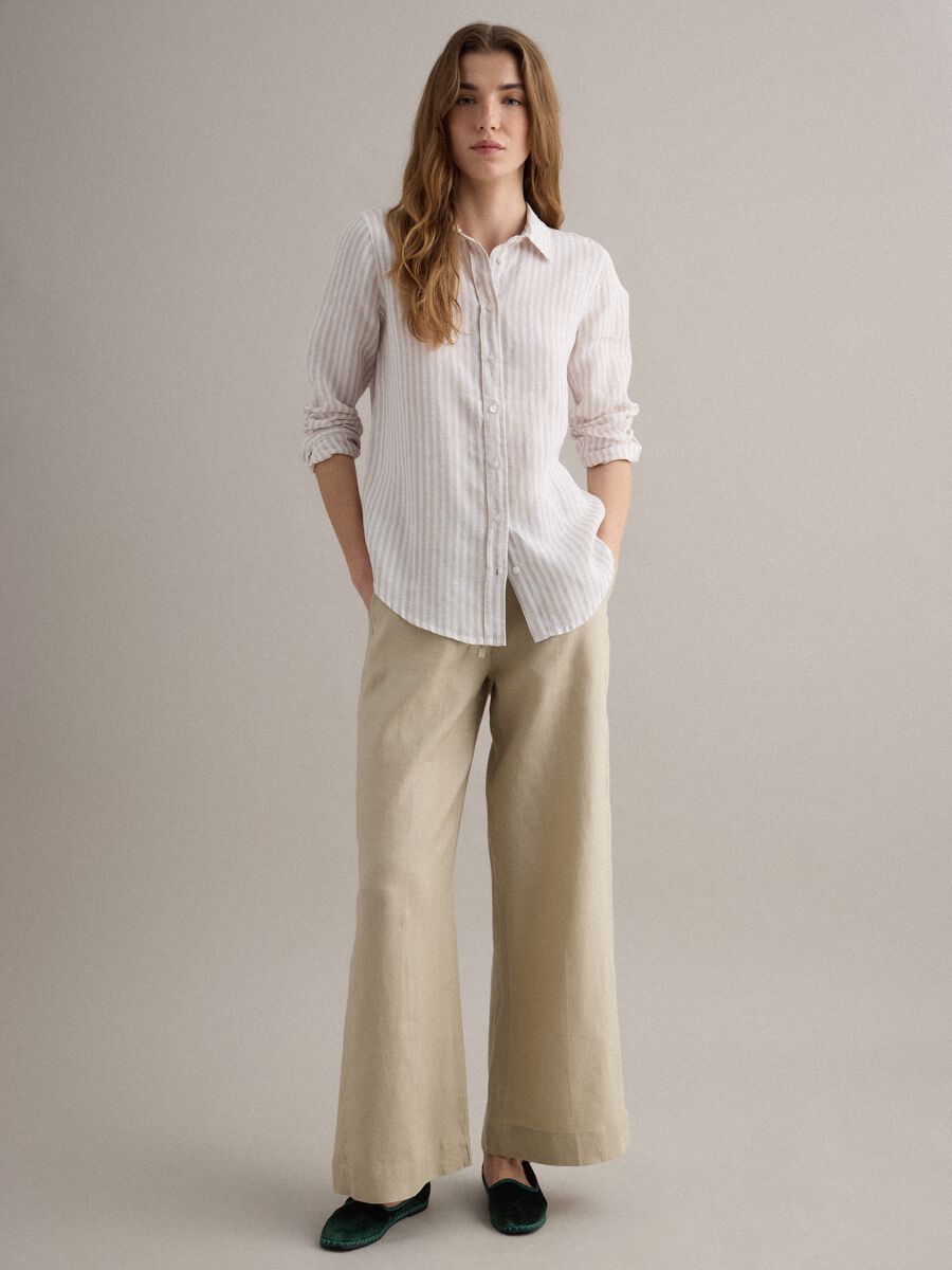 Pantaloni beige in puro lino con coulisse straight fit_1