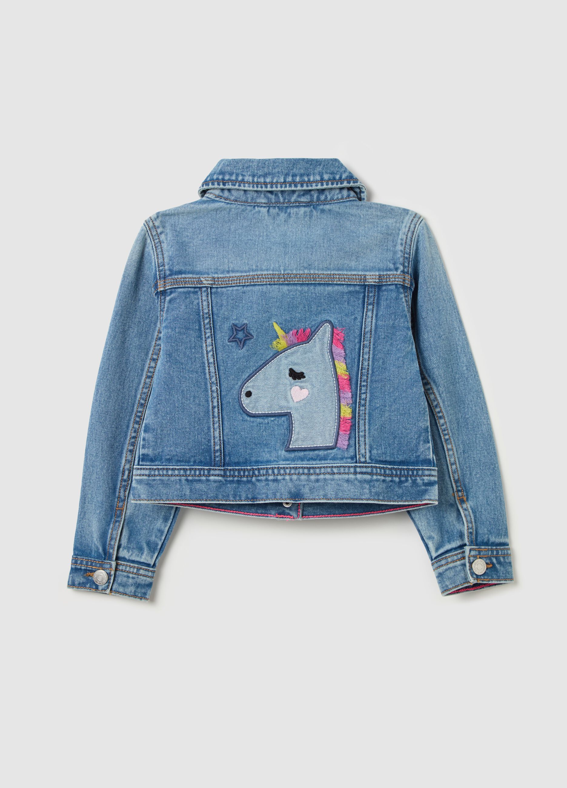 Denim jacket with unicorn patch