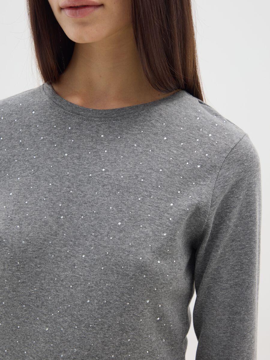 Grey long-sleeve regular fit pure cotton top with rhinestones_3