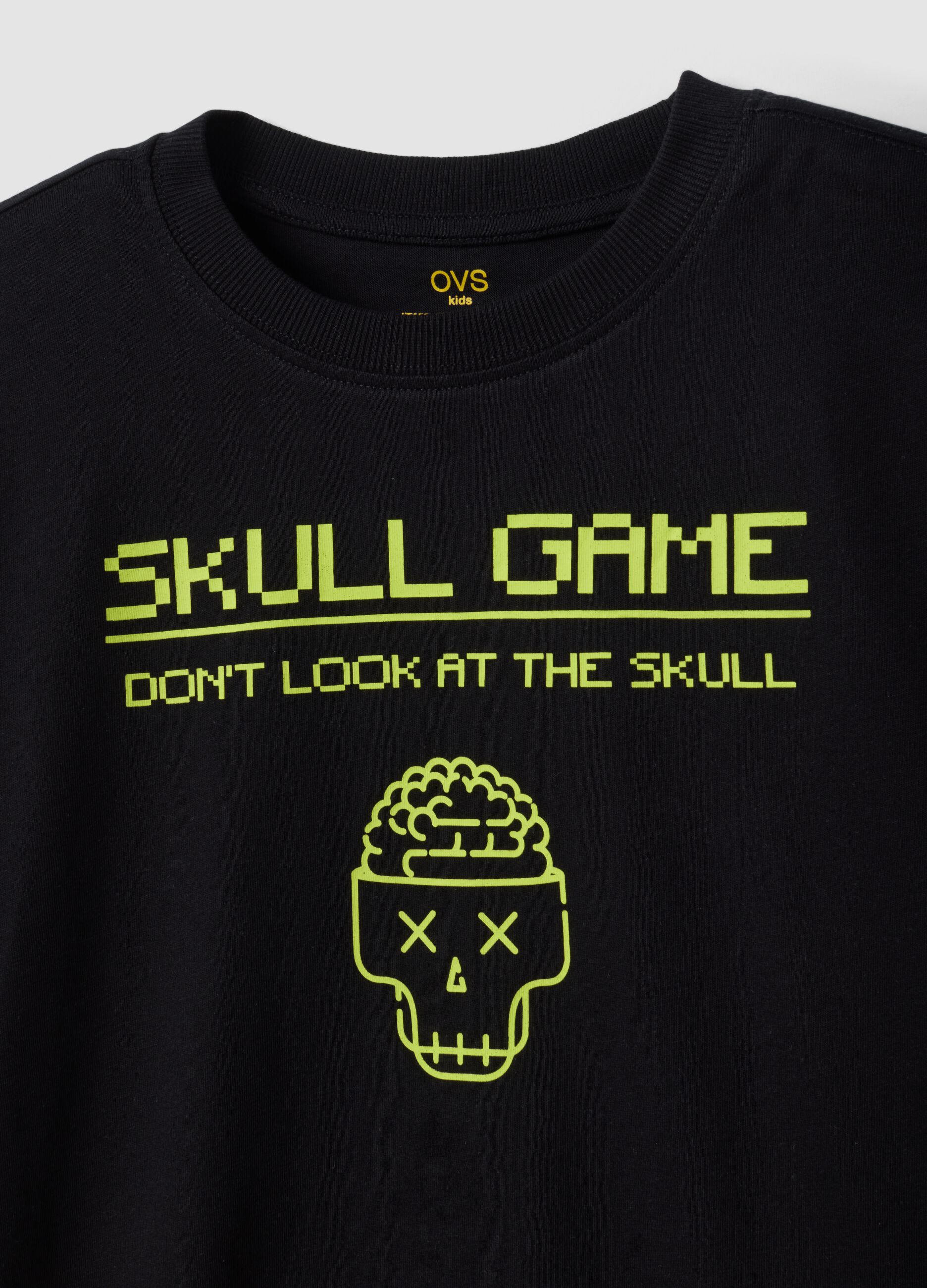 Black organic cotton crew-neck T-shirt with skull print for boys