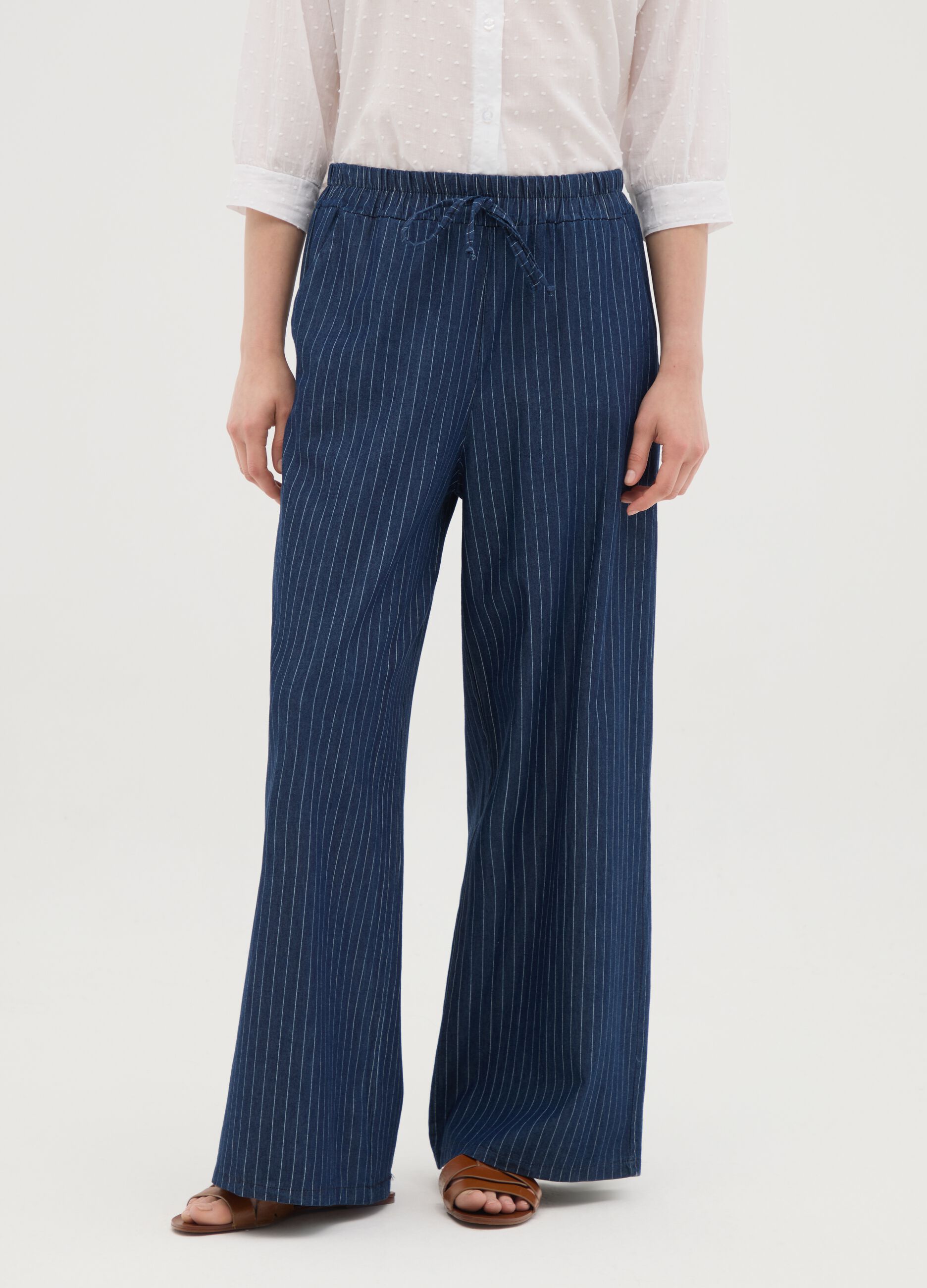 Women's pure cotton blue trousers with regular fit