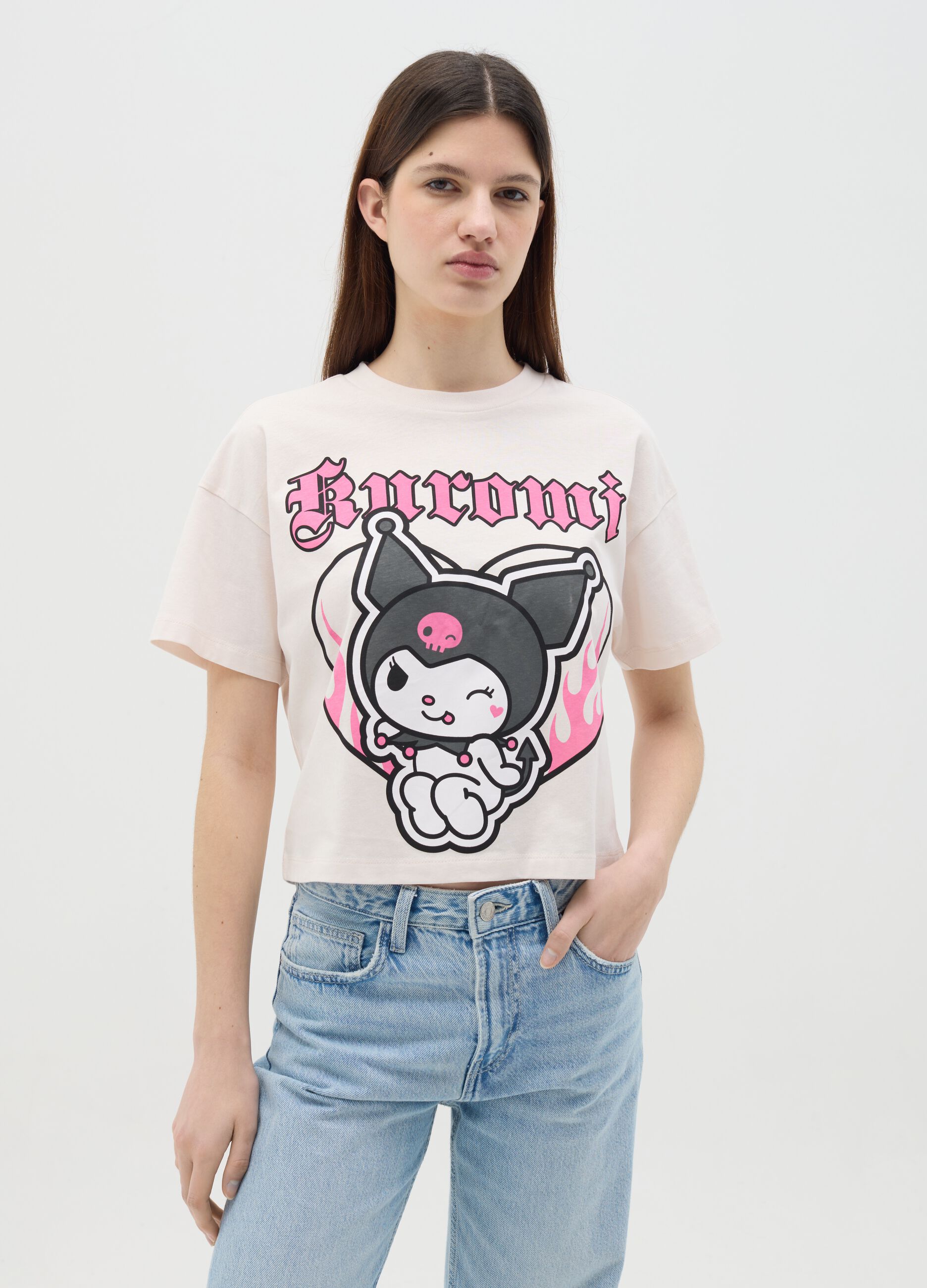 White cotton T-shirt with Kuromi print