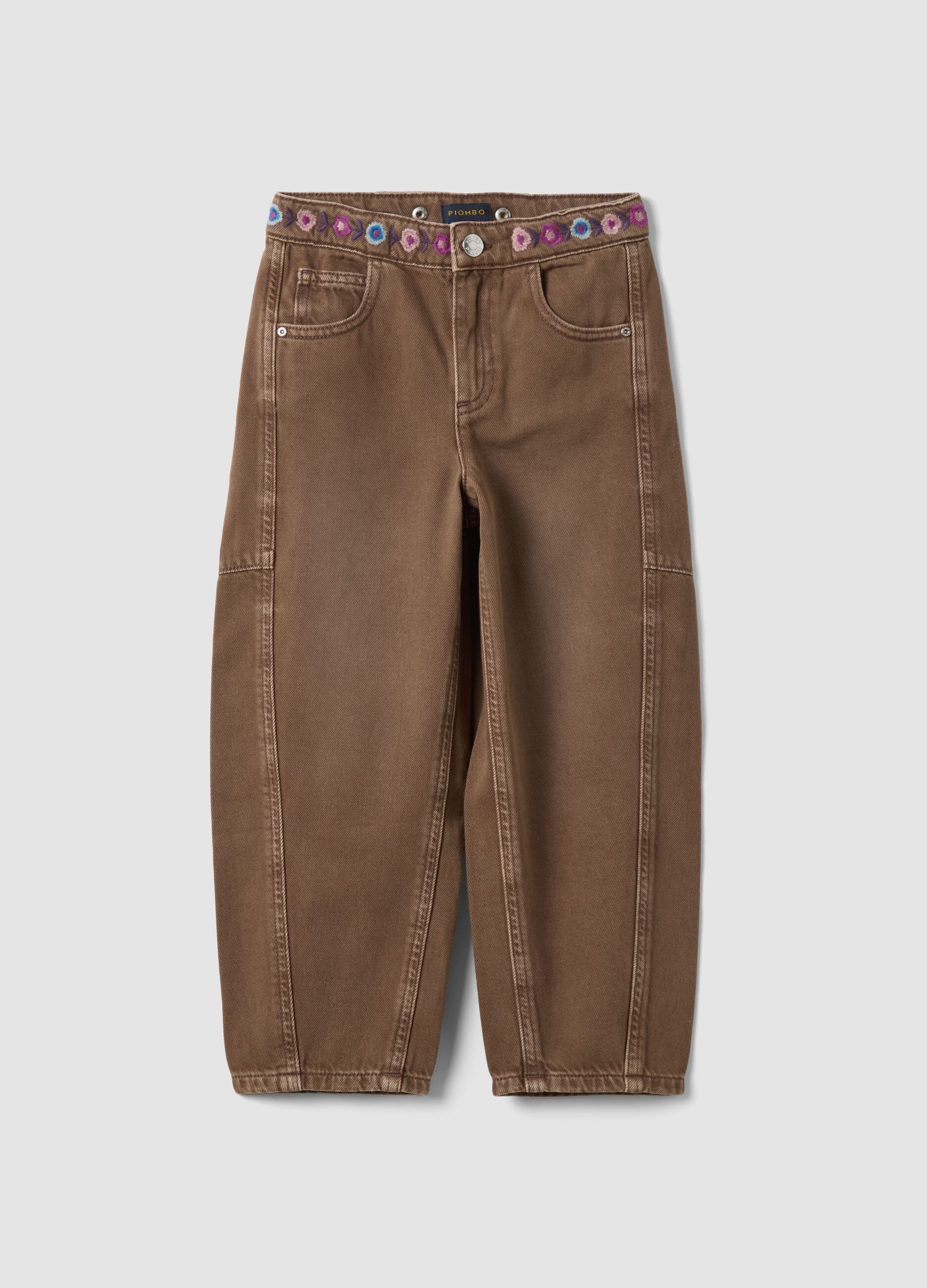 Brown pure cotton embroidered balloon-fit jeans