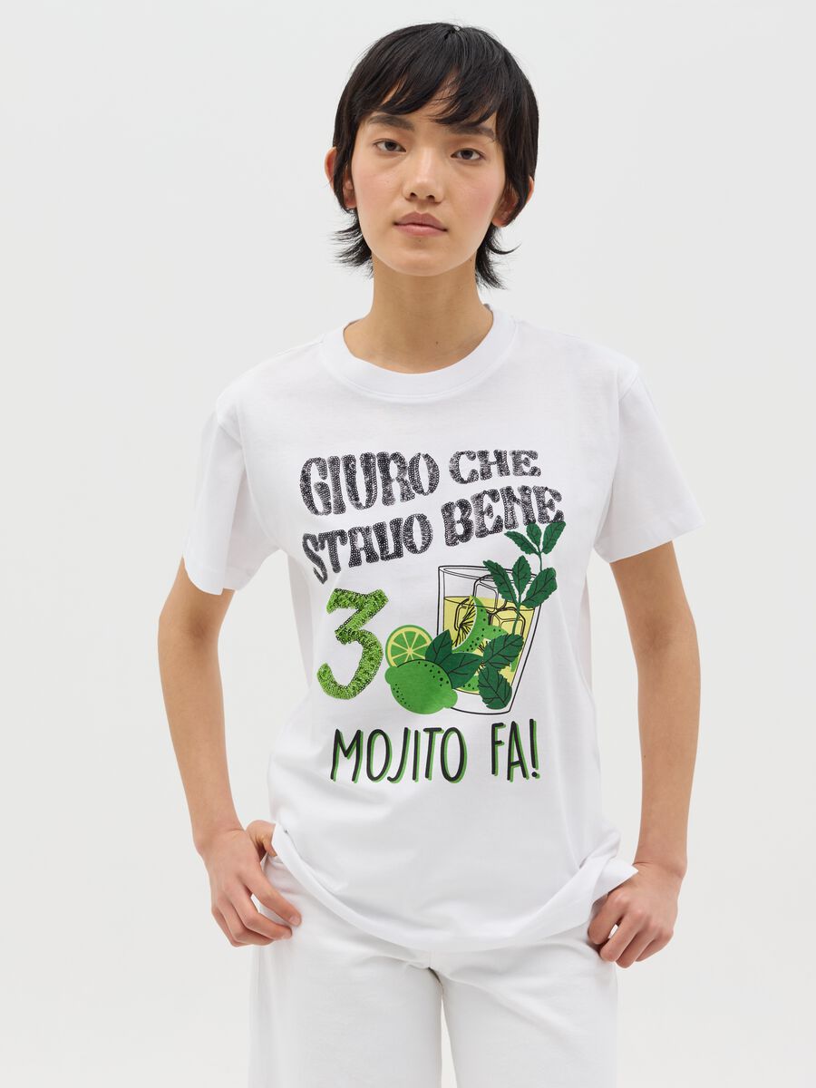 White T-shirt in cotton with sequins and mojito print_0