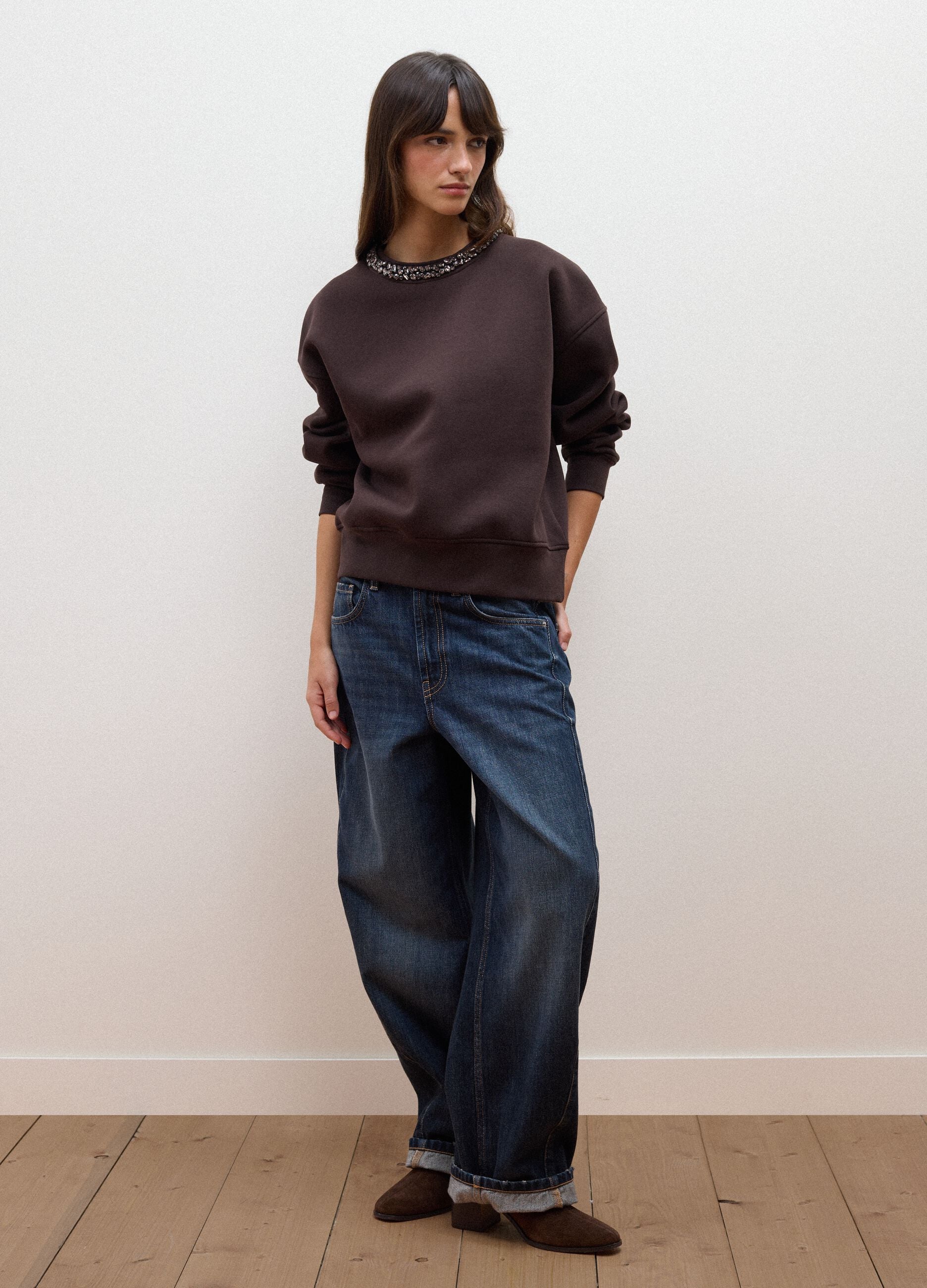 Brown cotton-blend sweatshirt with rhinestones