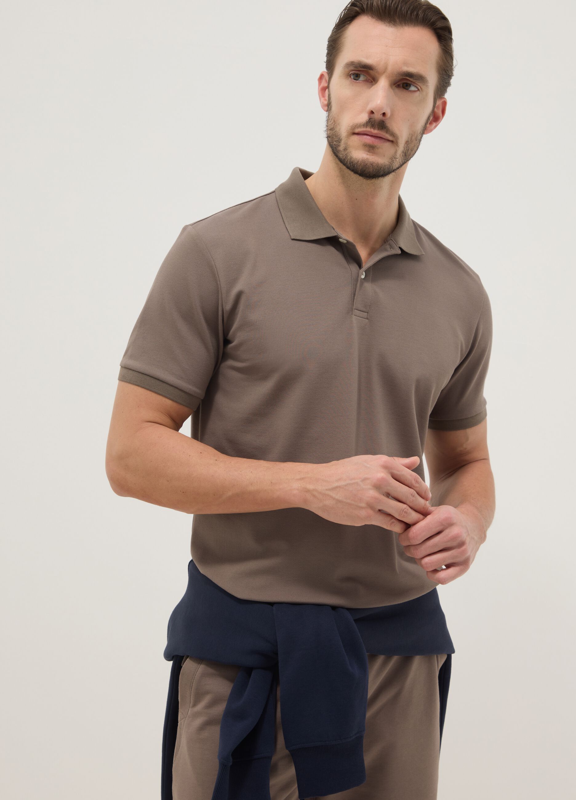 Brown stretch cotton blend polo shirt regular fit