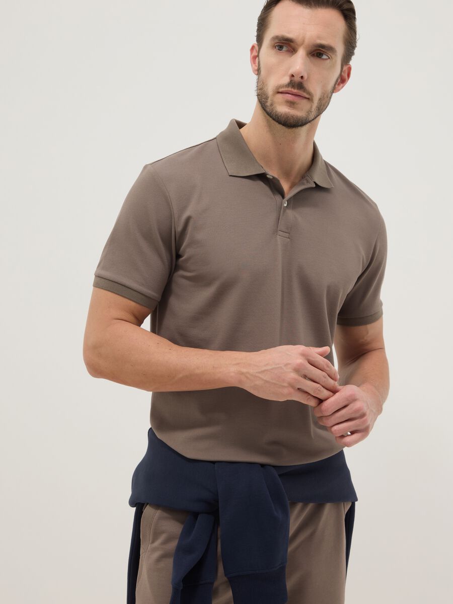 Brown stretch cotton blend polo shirt regular fit_0
