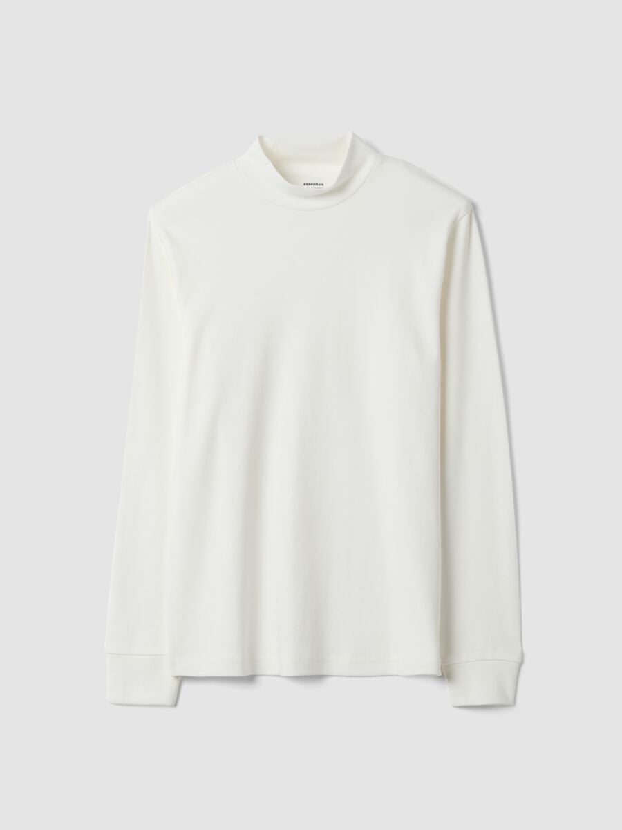 T-shirt bianca in puro cotone con collo rialzato strutturato_0