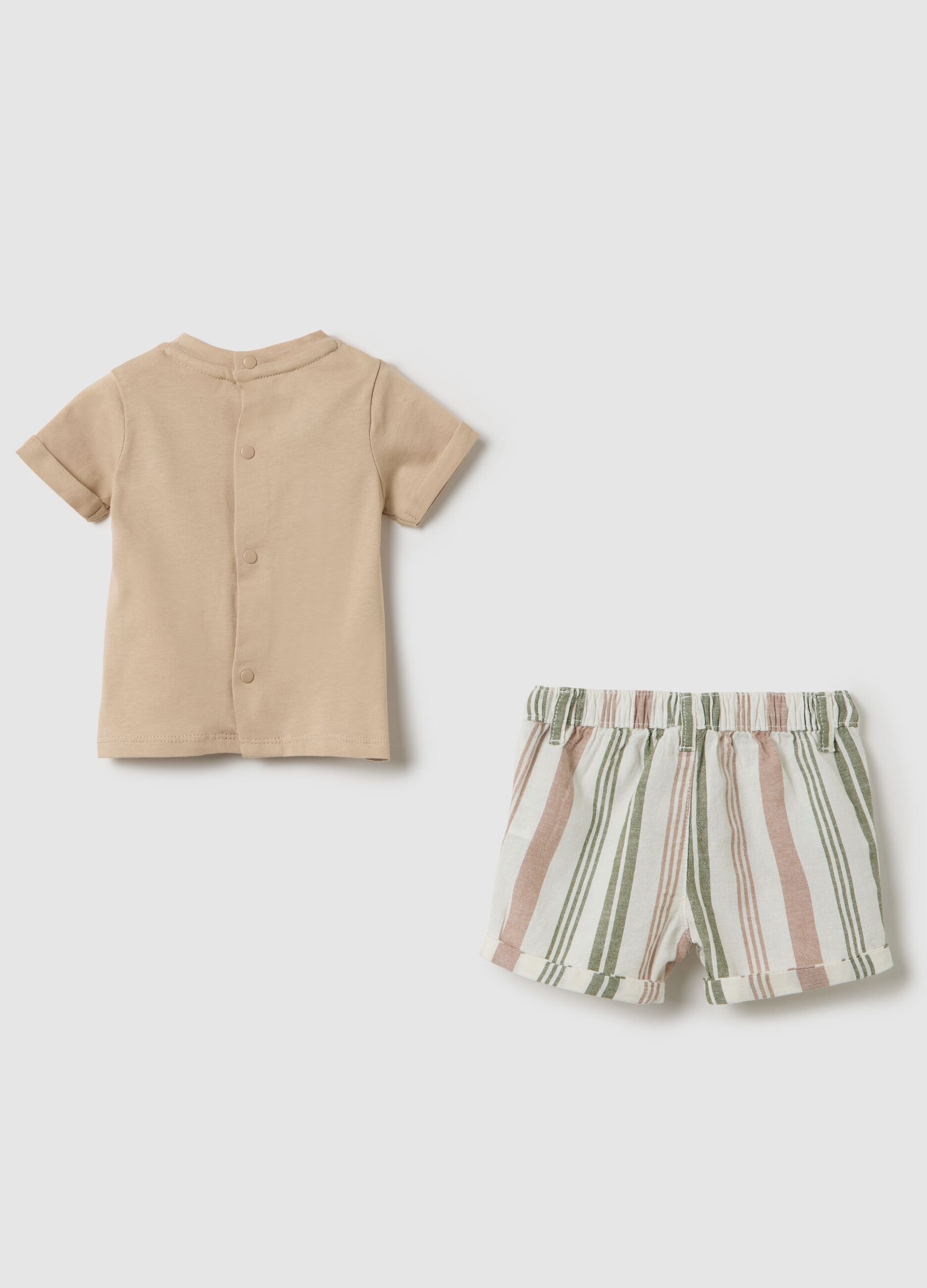 Set neonato da maschio in cotone e lino beige con t-shirt e shorts
