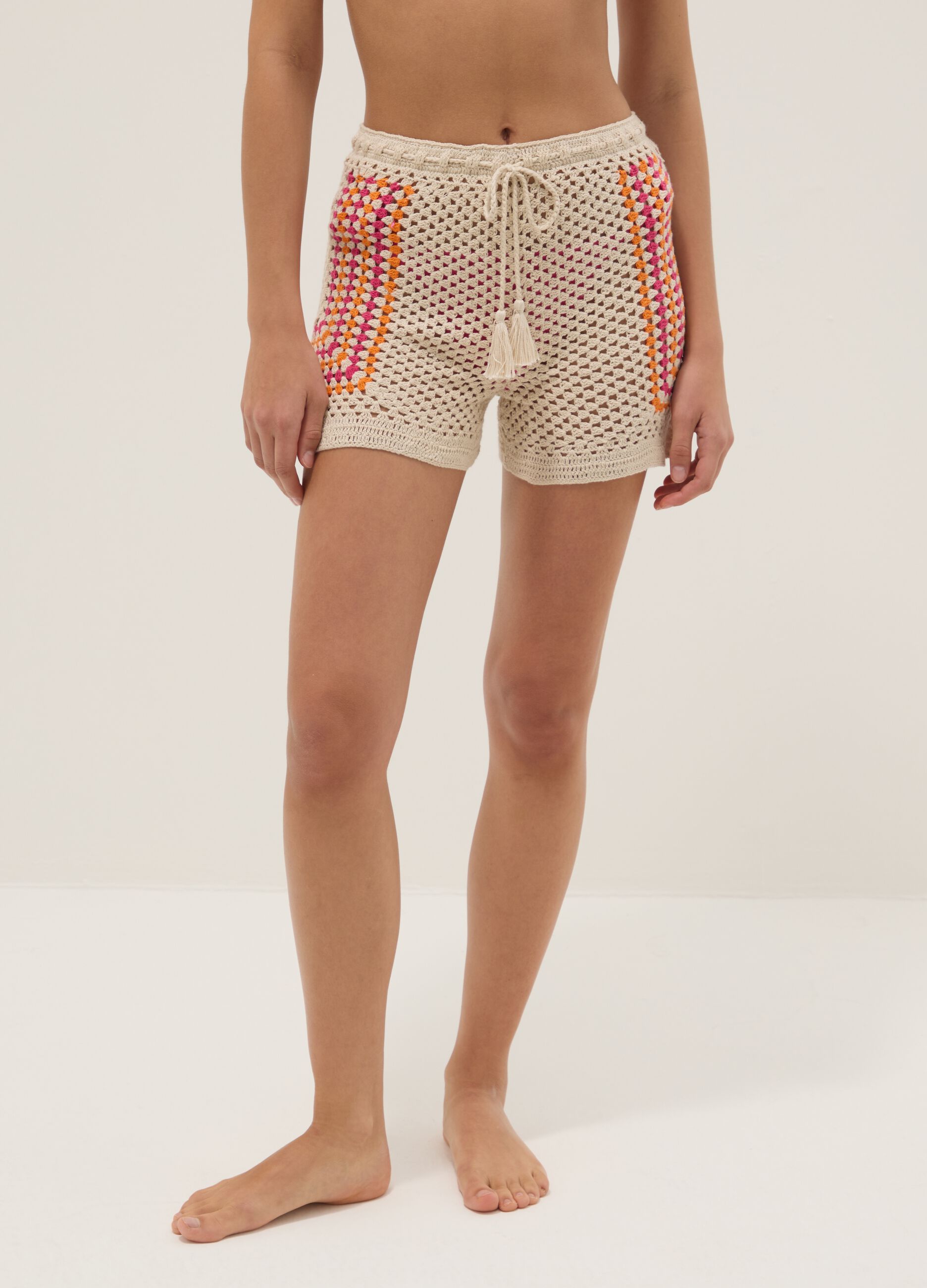 Beige pure cotton crochet shorts
