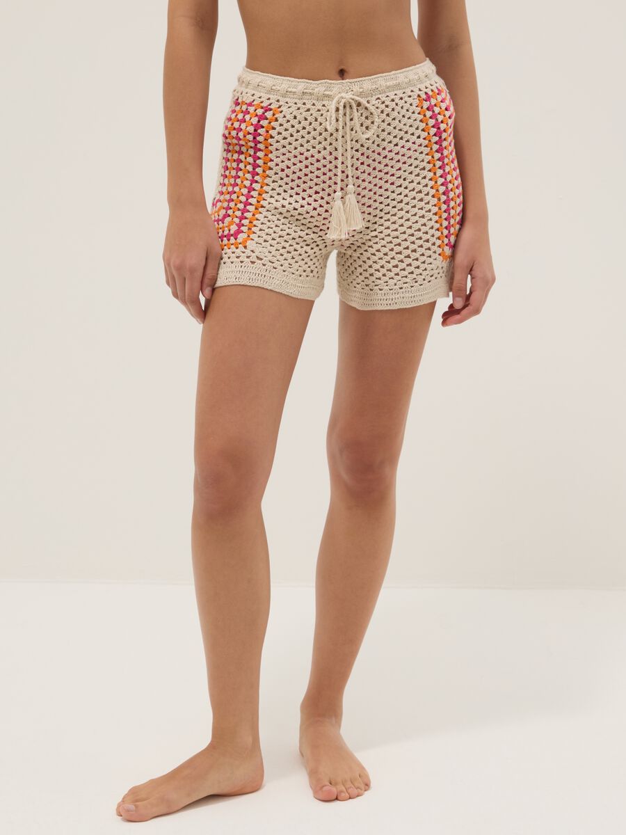 Shorts beige in puro cotone crochet_1