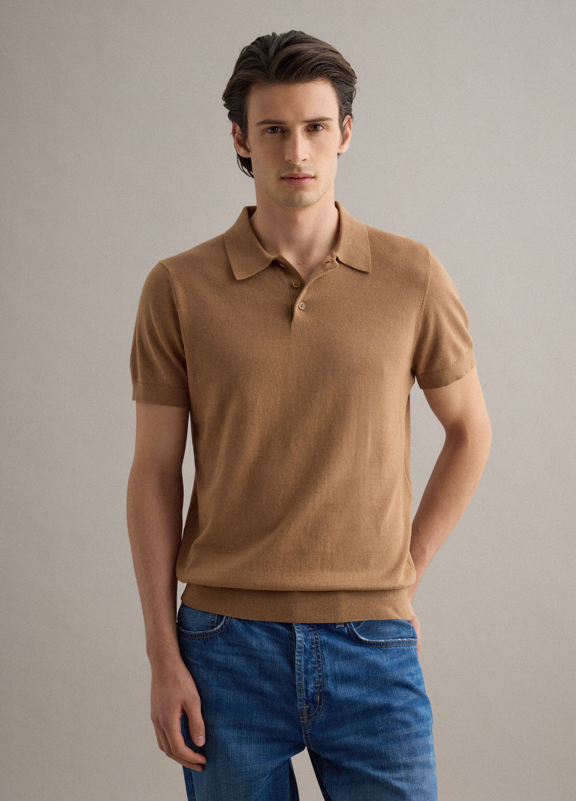 Regular fit brown polo shirt in cotton, linen and silk blend