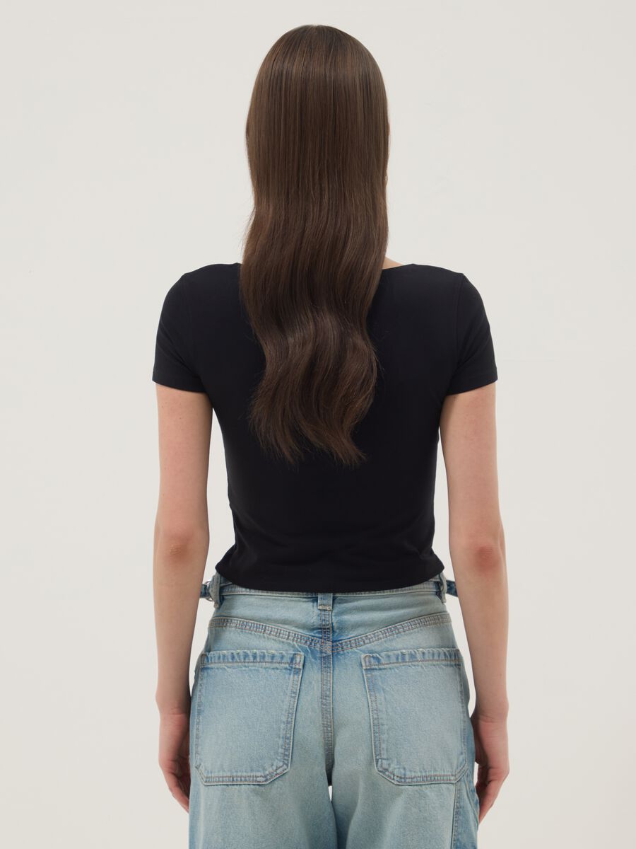 Black stretch cotton T-shirt with square neckline_3