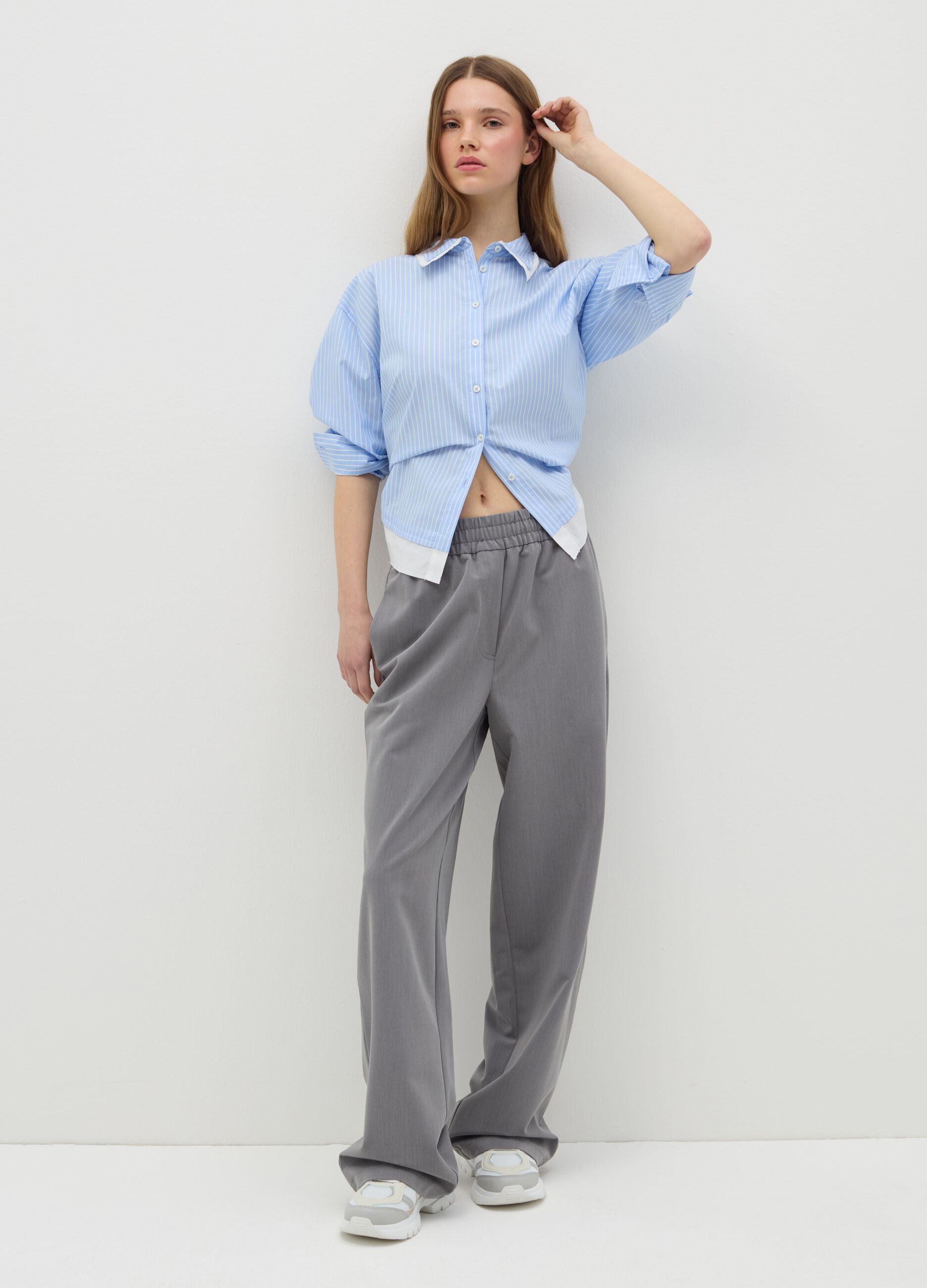 Pinstriped shirt with layered-effect details
