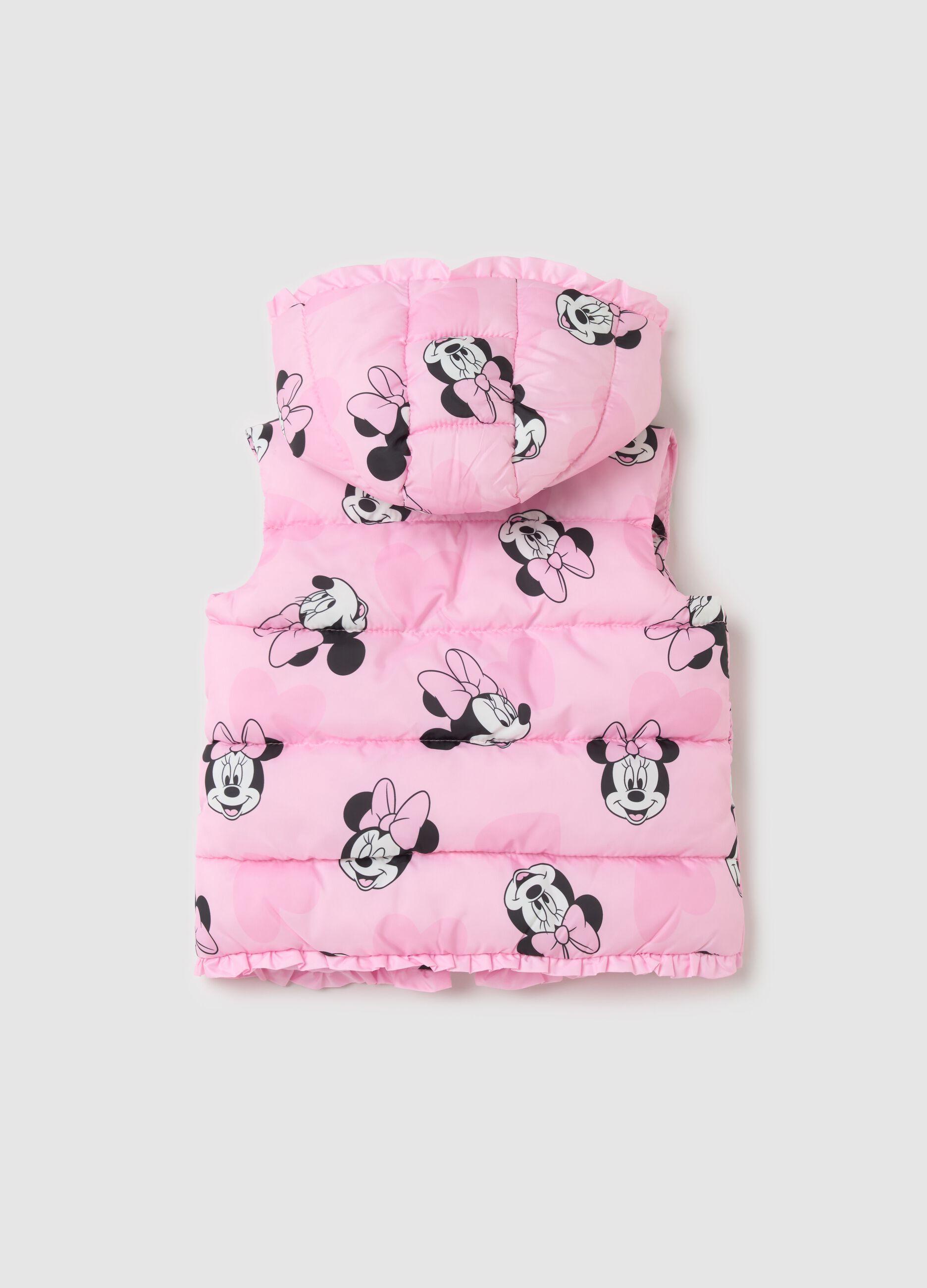 Padded gilet with hood and Minnie Mouse print