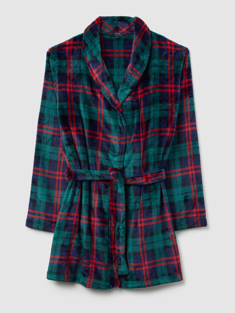 Multicolour checked coral fleece dressing gown with belt_4