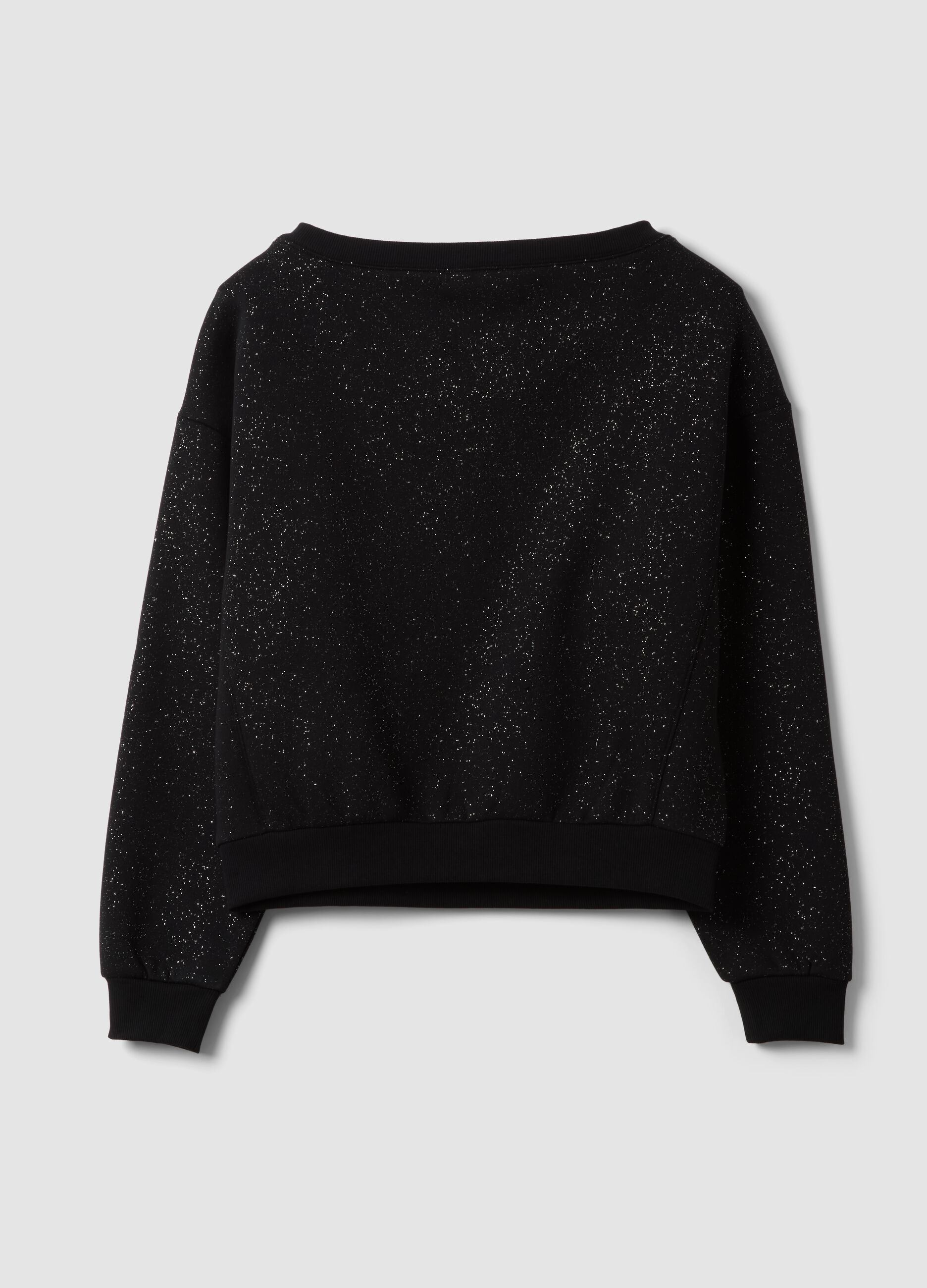 Black cotton-blend sweatshirt with boat neckline and glitter