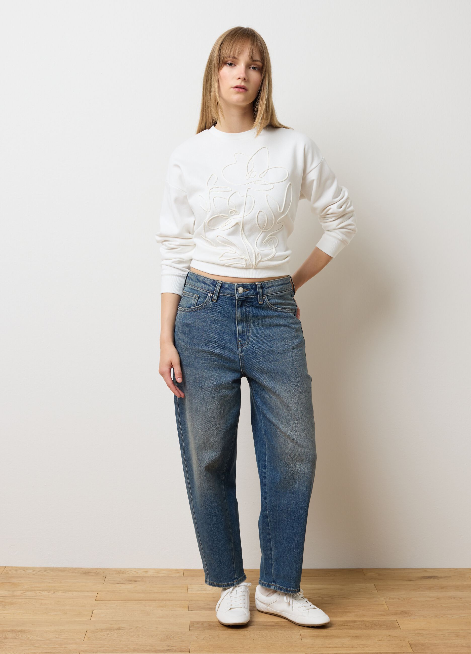 White Sweatshirt with Floral Embroidery