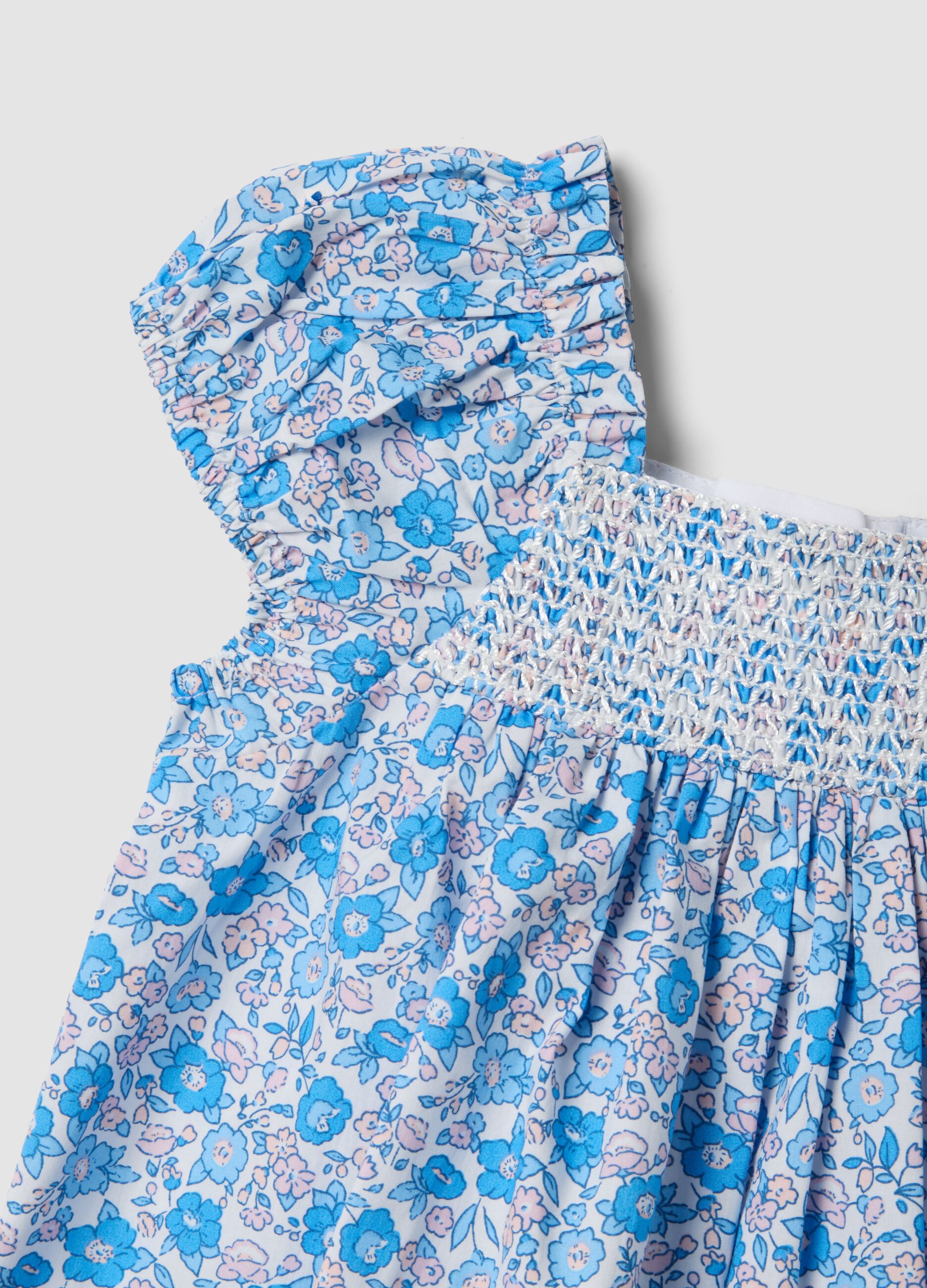 Blue pure cotton floral blouse with frills