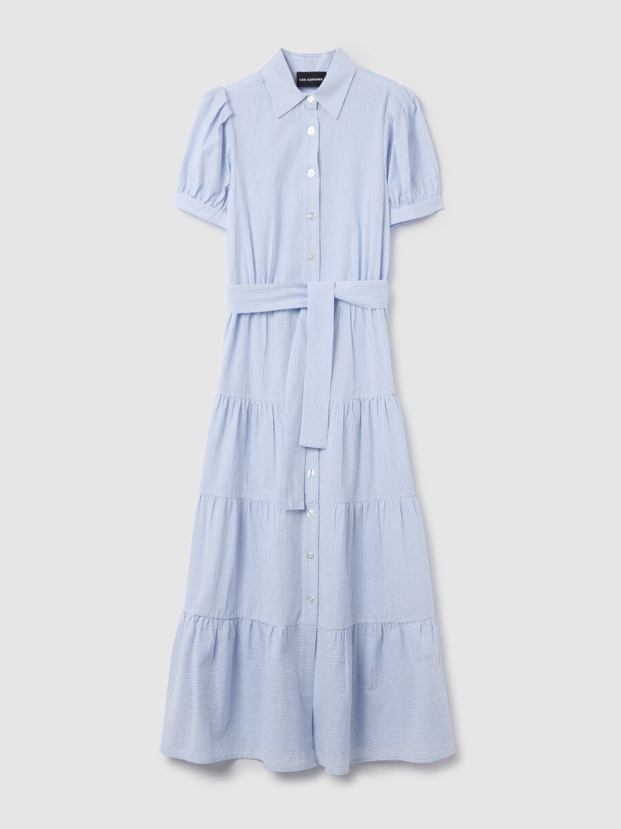 Flounced shirt dress with thin stripes_4