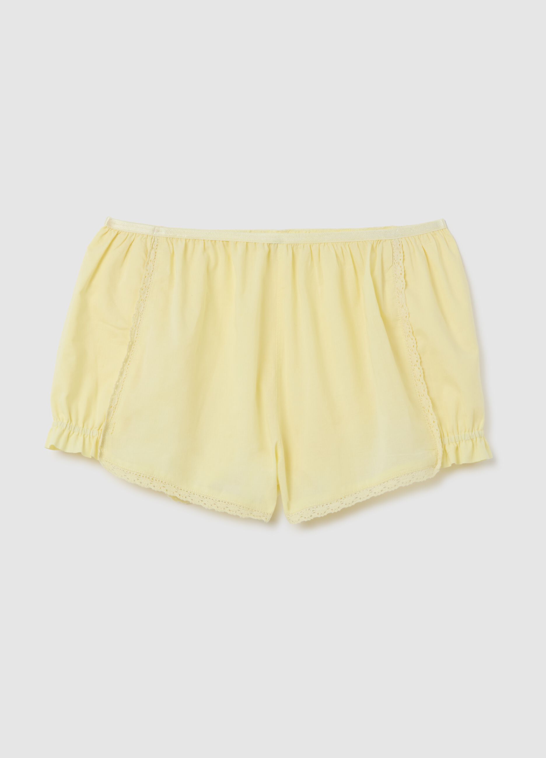Women's yellow pure cotton shorts in regular fit with lace