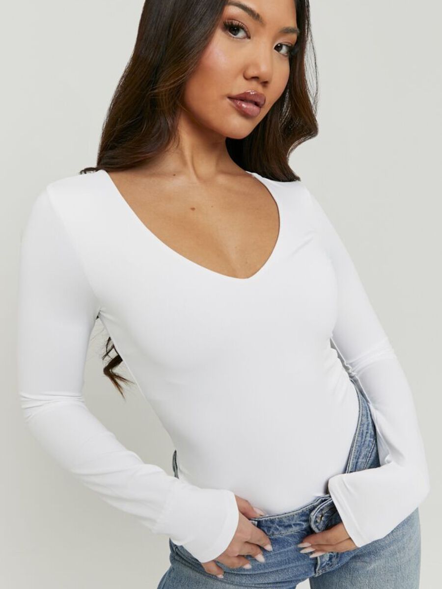 T-shirt bianca deep V a maniche lunghe in puro cotone regular fit_3