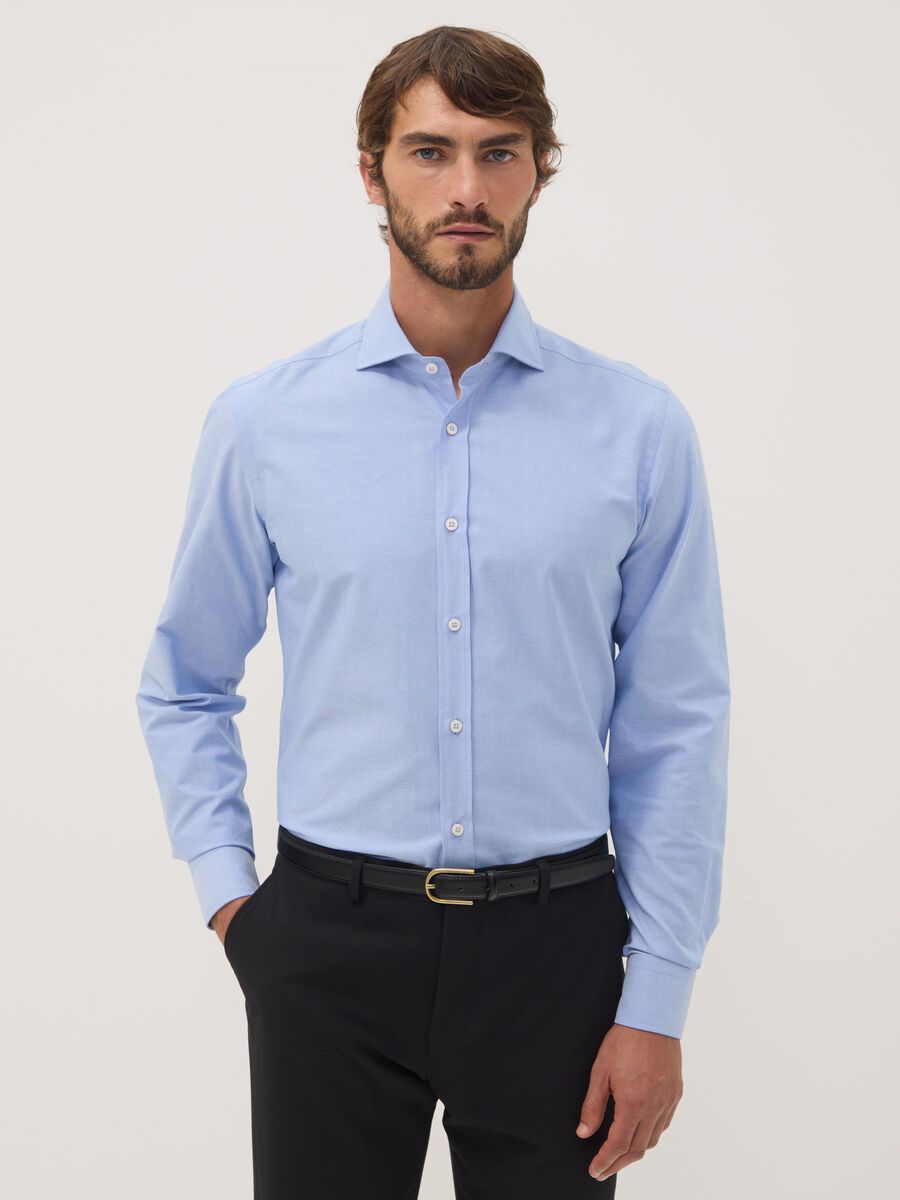 Camicia oxford azzurra in puro cotone con colletto francese slim fit_0