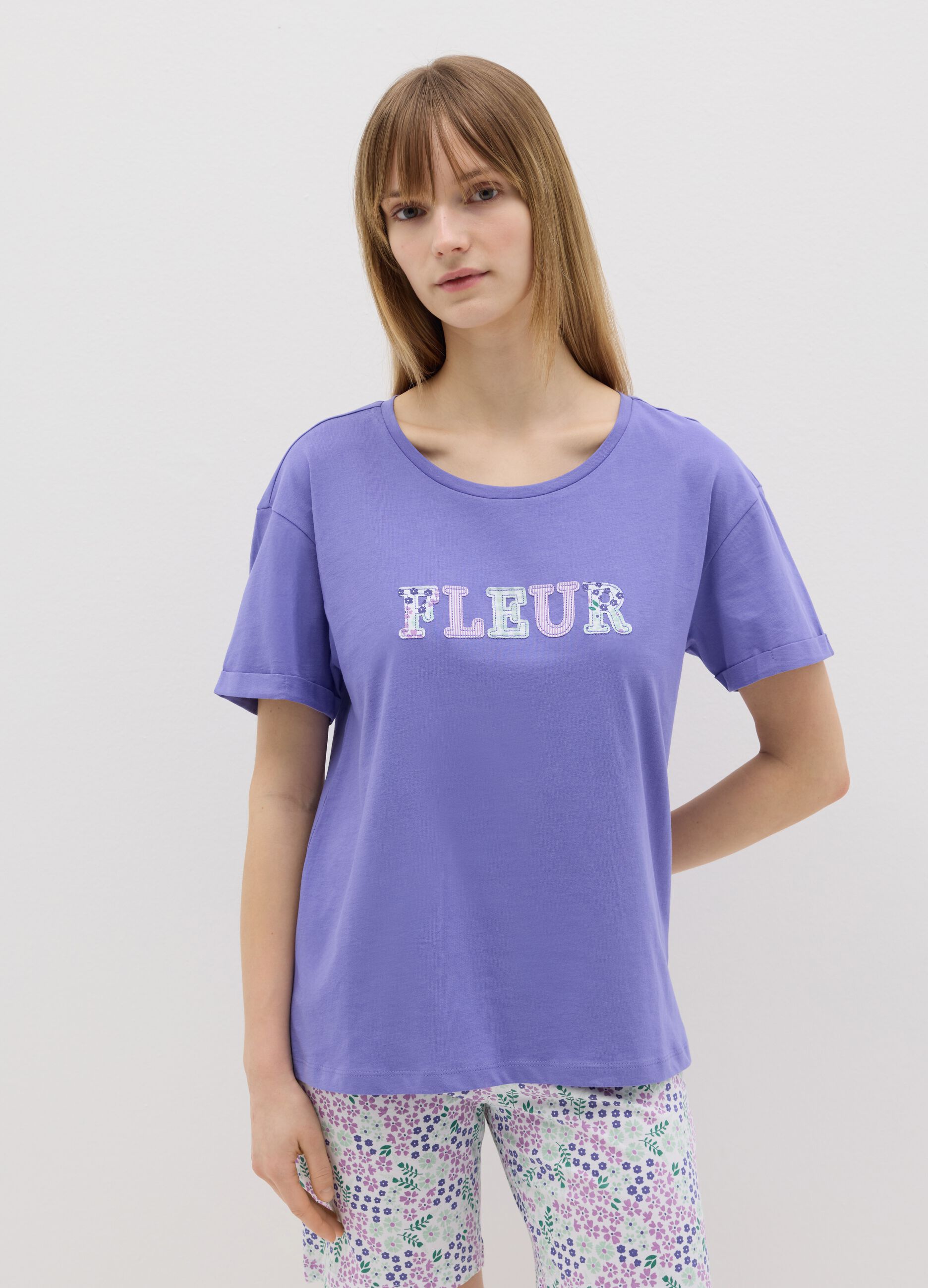 Purple pyjama top with "Fleur" embroidery