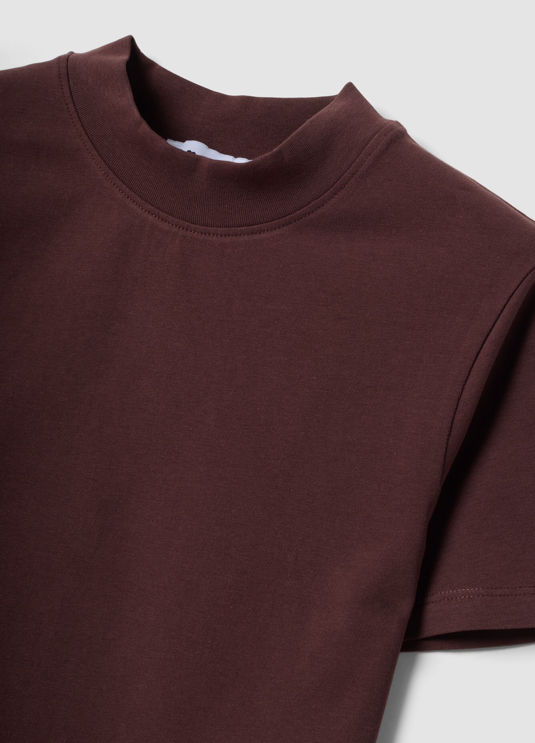 Brown fitted stretch-cotton T-shirt with raised neckline