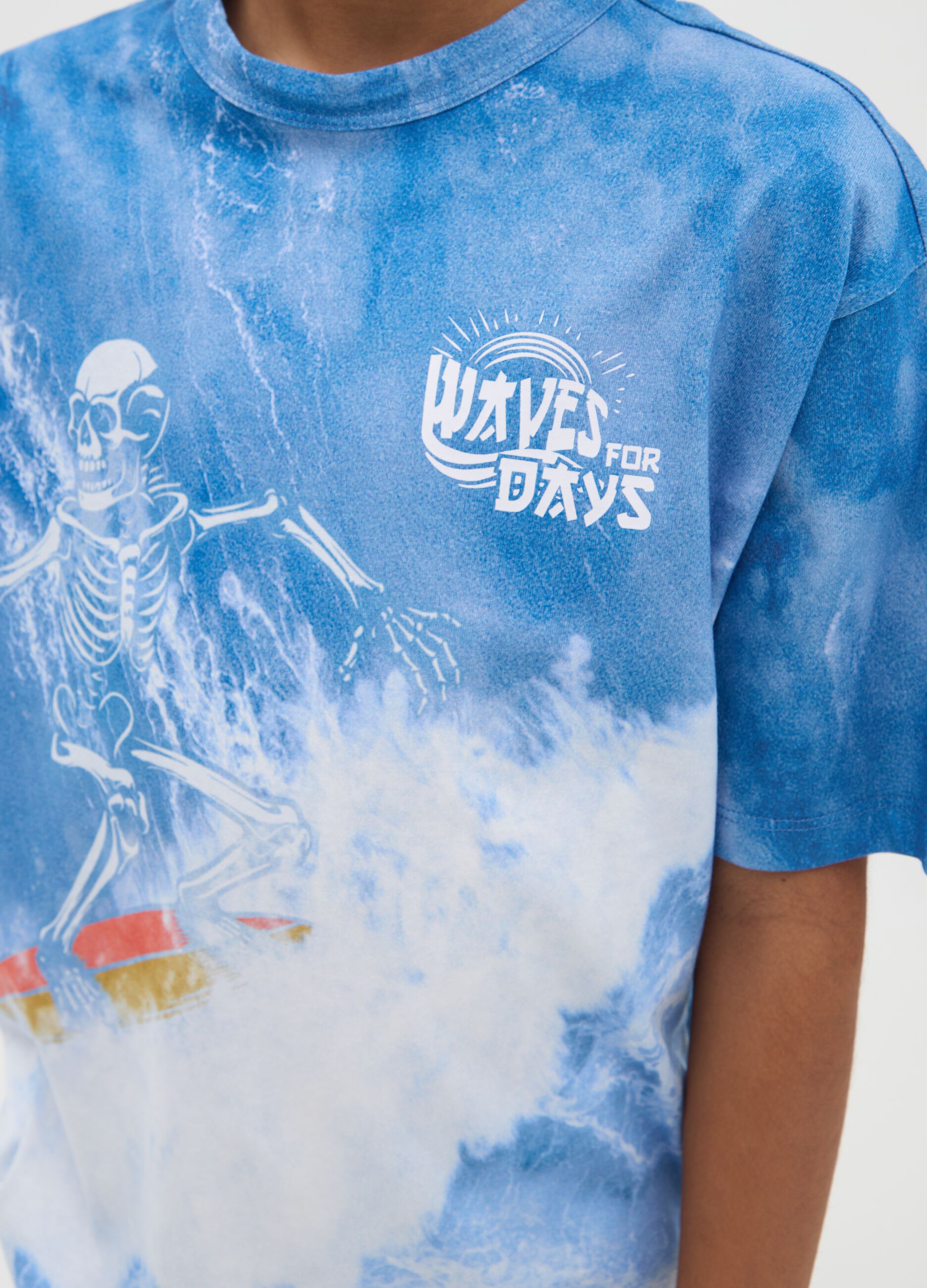 Regular fit boys' blue pure cotton T-shirt with skeleton print