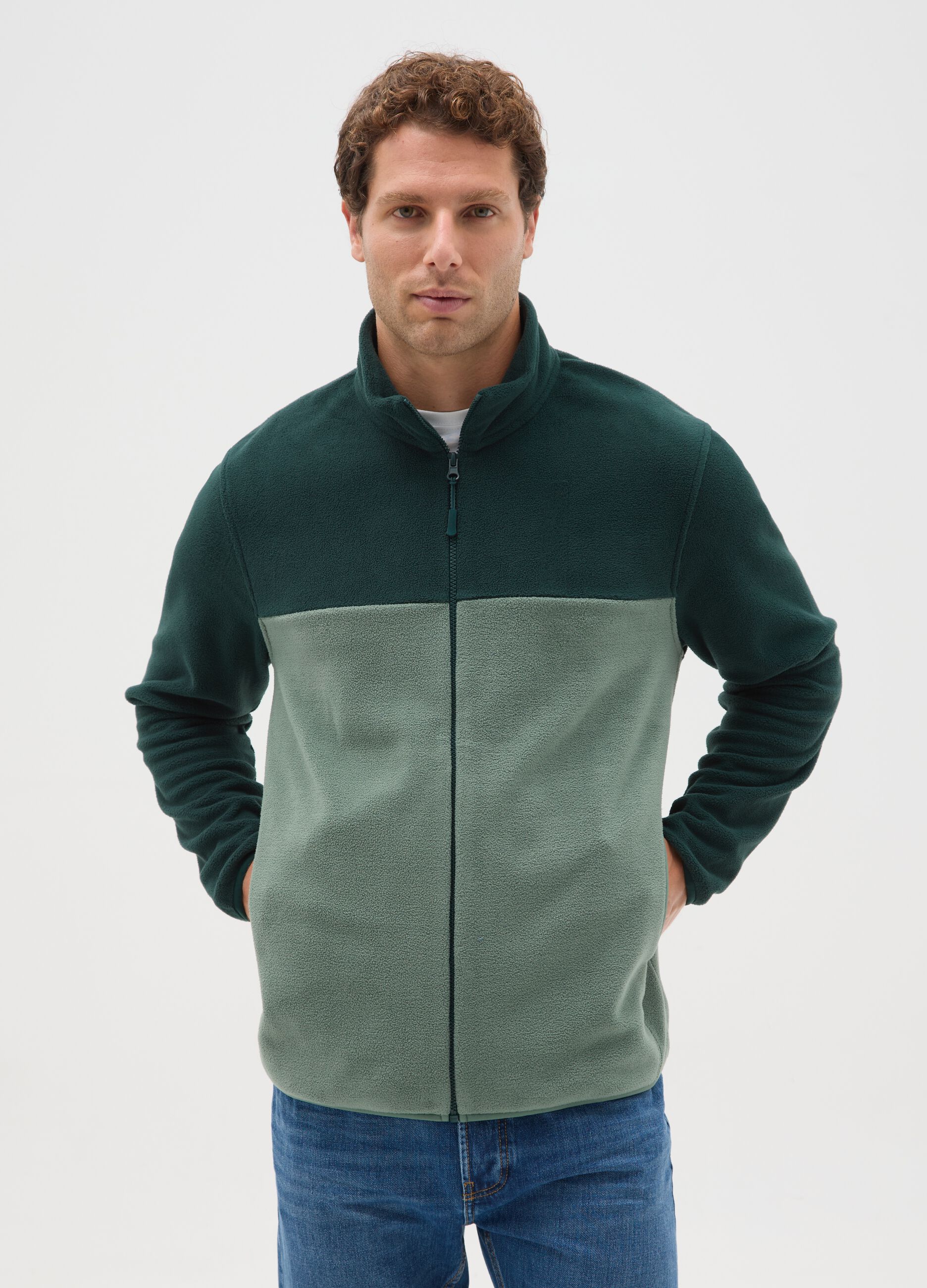 High-neck green fleece blend jumper regular fit with zip