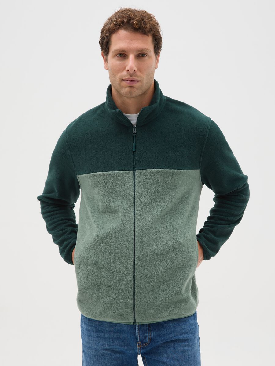 High-neck green fleece blend jumper regular fit with zip_0
