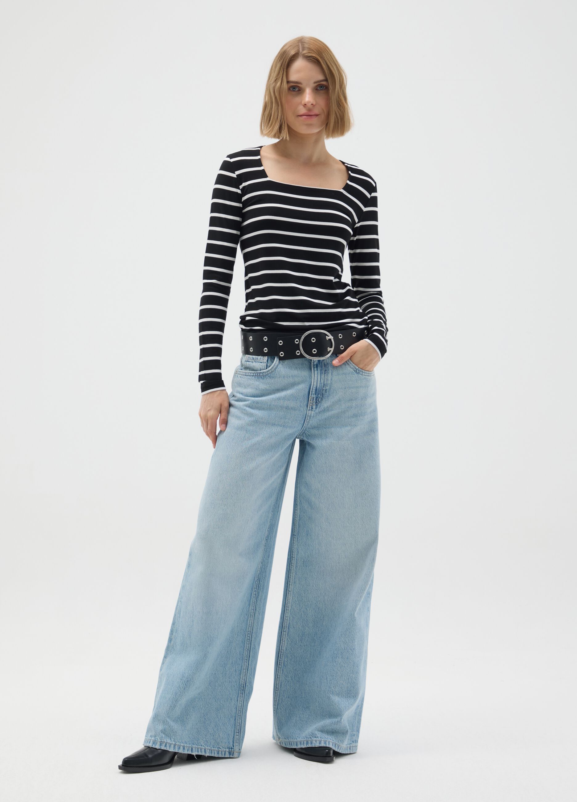 Black and white striped crew neck jumper