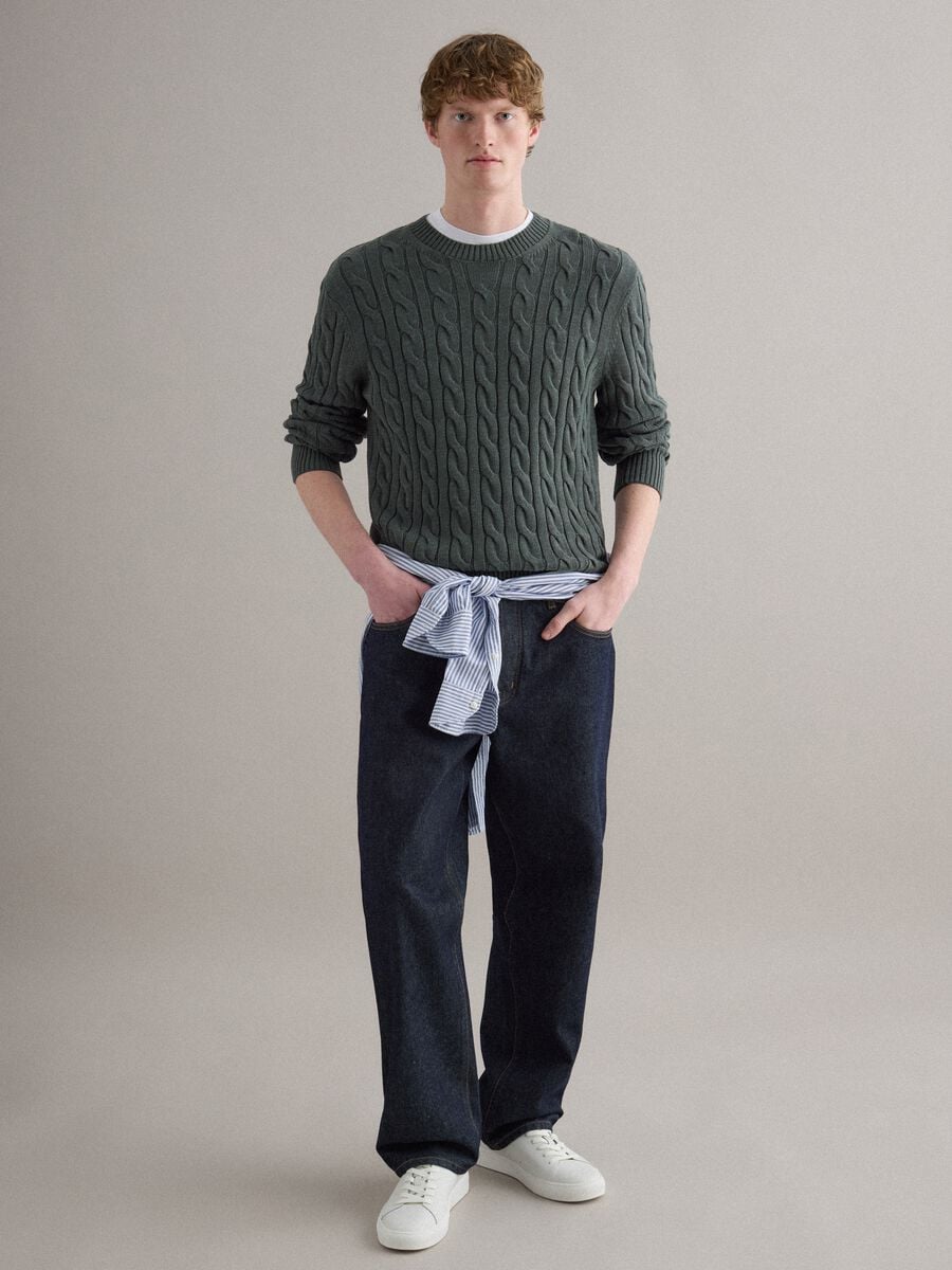 Maglione in puro cotone verde regular fit con design intrecciato_2