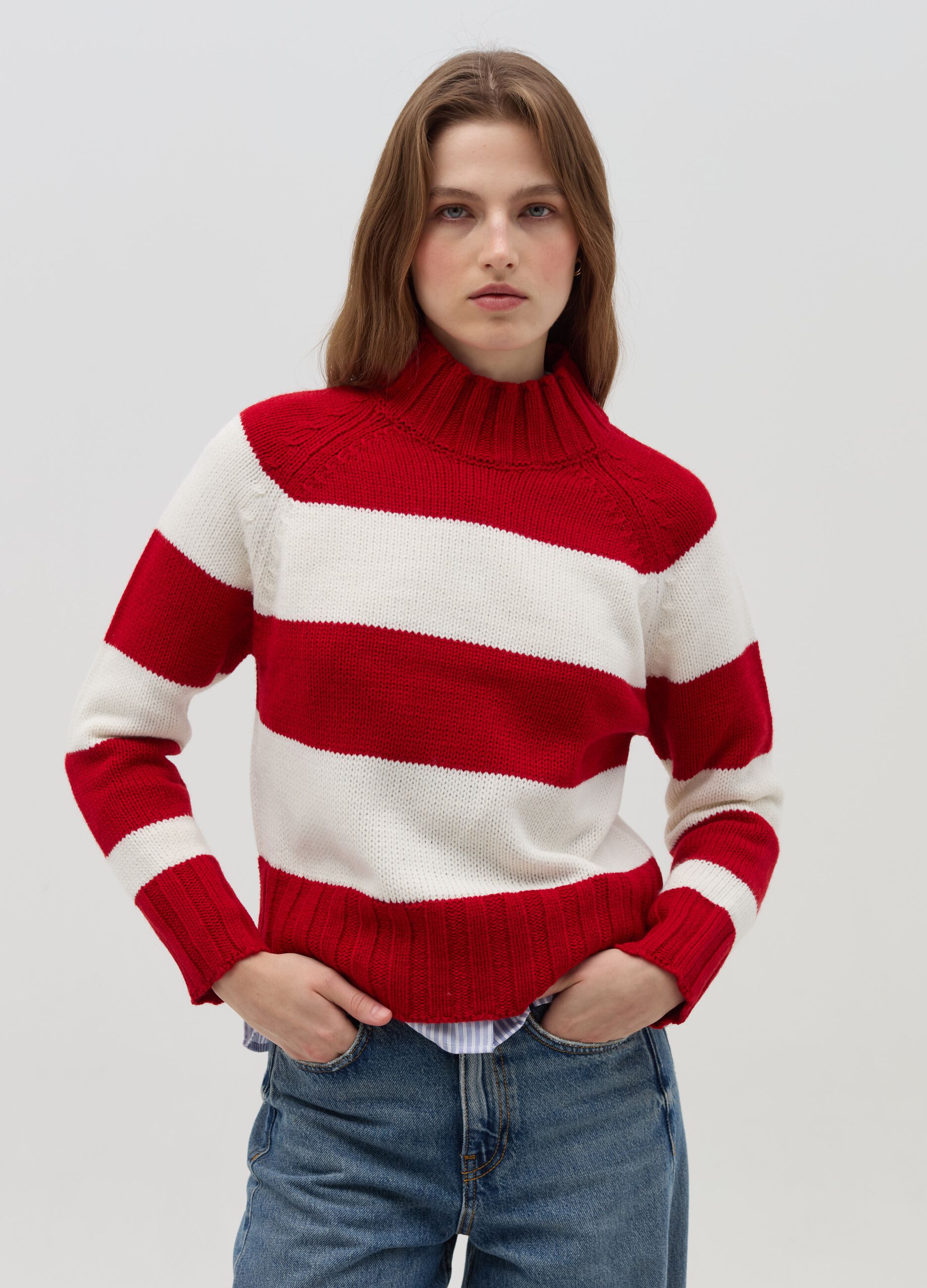 Striped knit top with mock neck